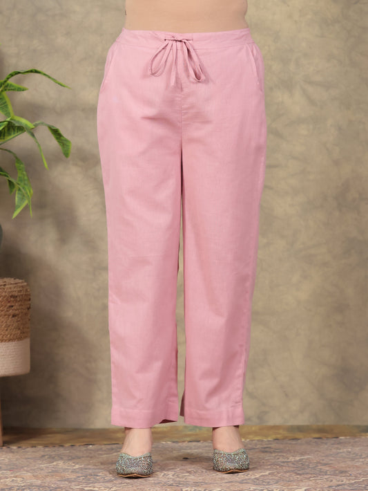 Linen Cotton Solid Peach Straight Trousers