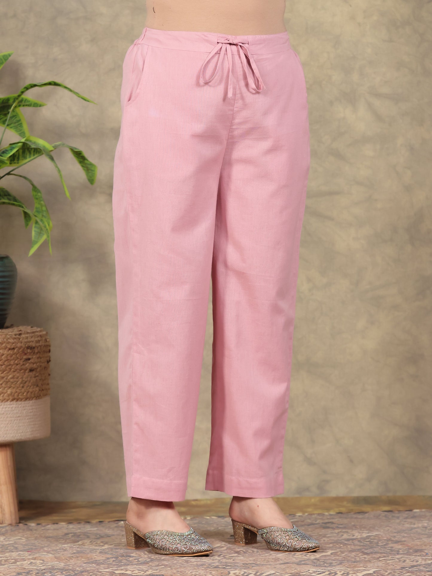 Linen Cotton Solid Peach Straight Trousers