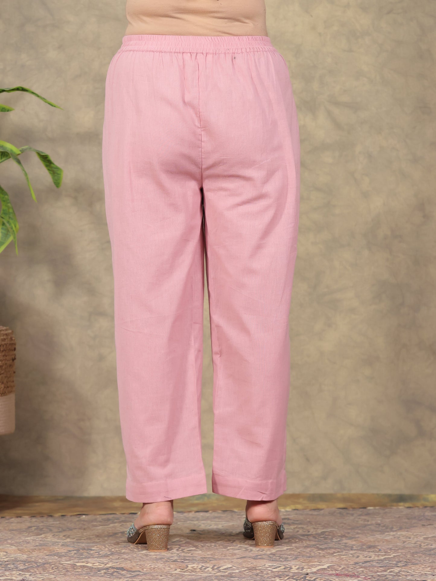 Linen Cotton Solid Peach Straight Trousers
