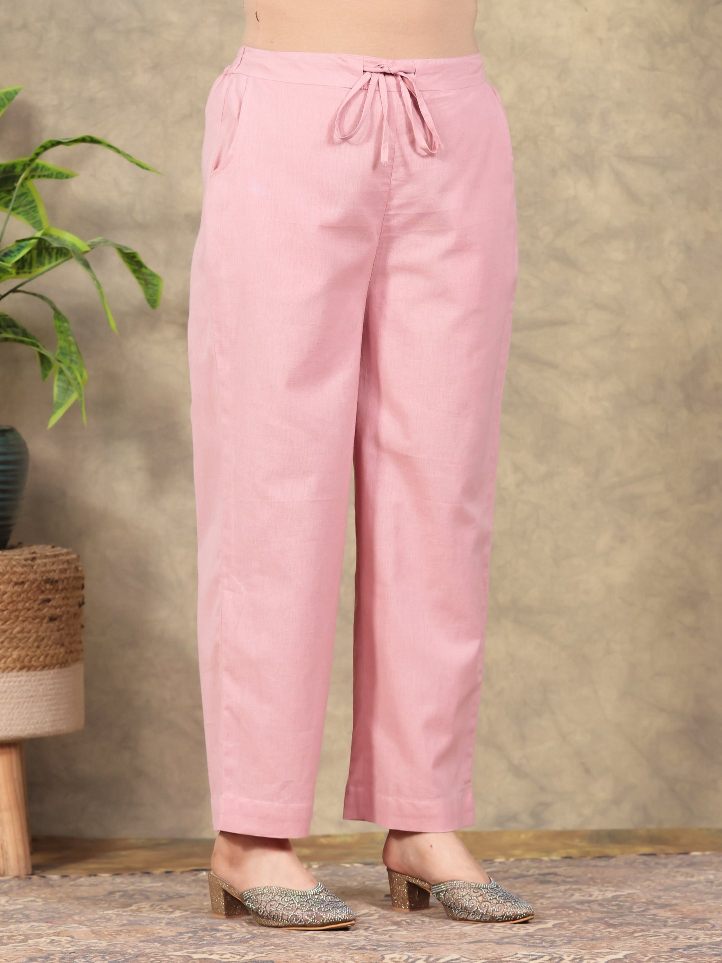 Embroidered Linen Cotton Solid Straight Peach Kurta