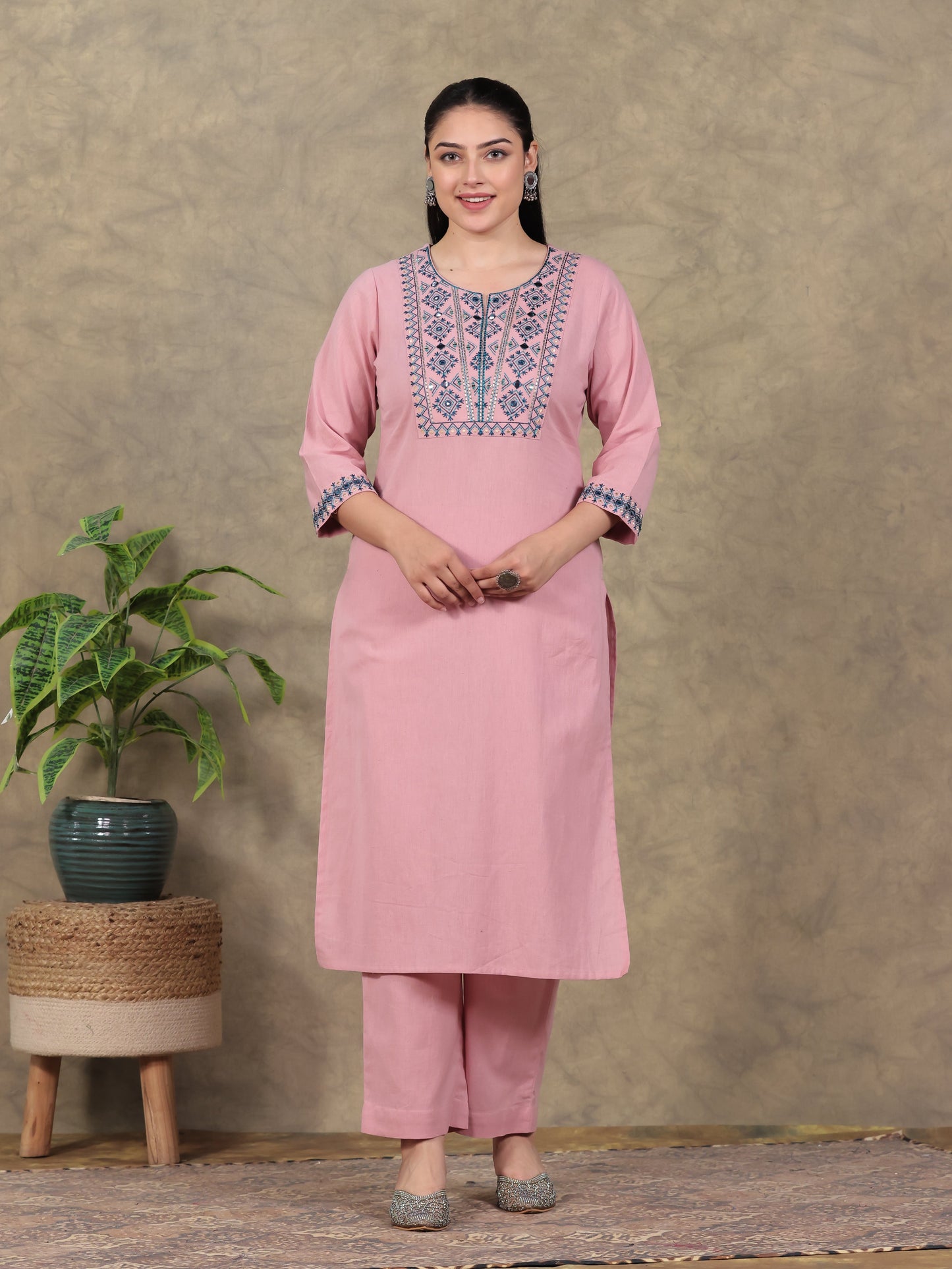 Embroidered Linen Cotton Solid Straight Peach Kurta
