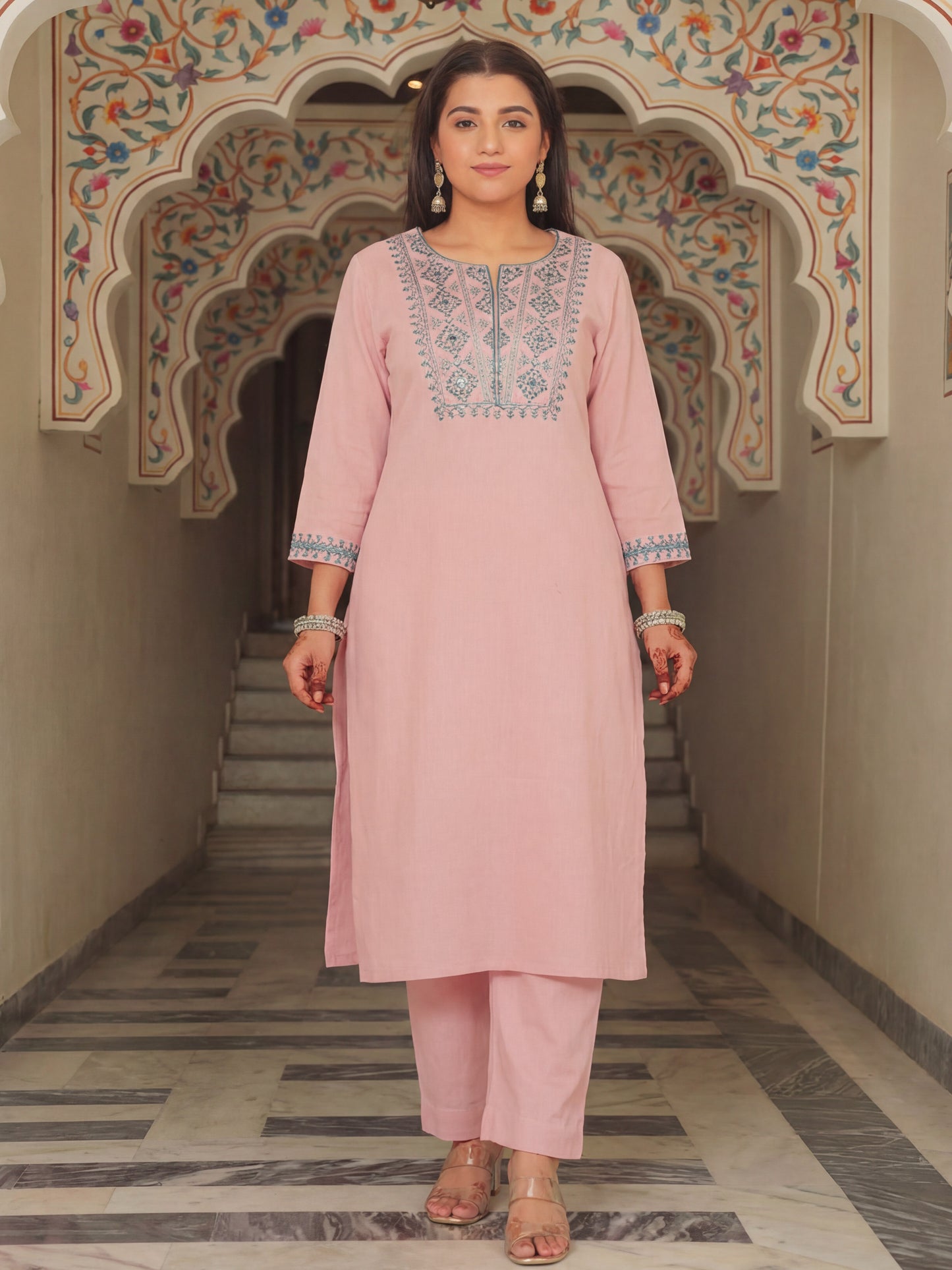 Embroidered Linen Cotton Solid Straight Peach Kurta