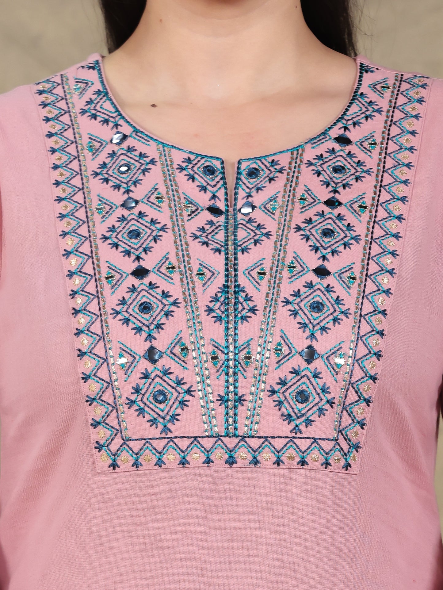 Embroidered Linen Cotton Solid Straight Peach Kurta
