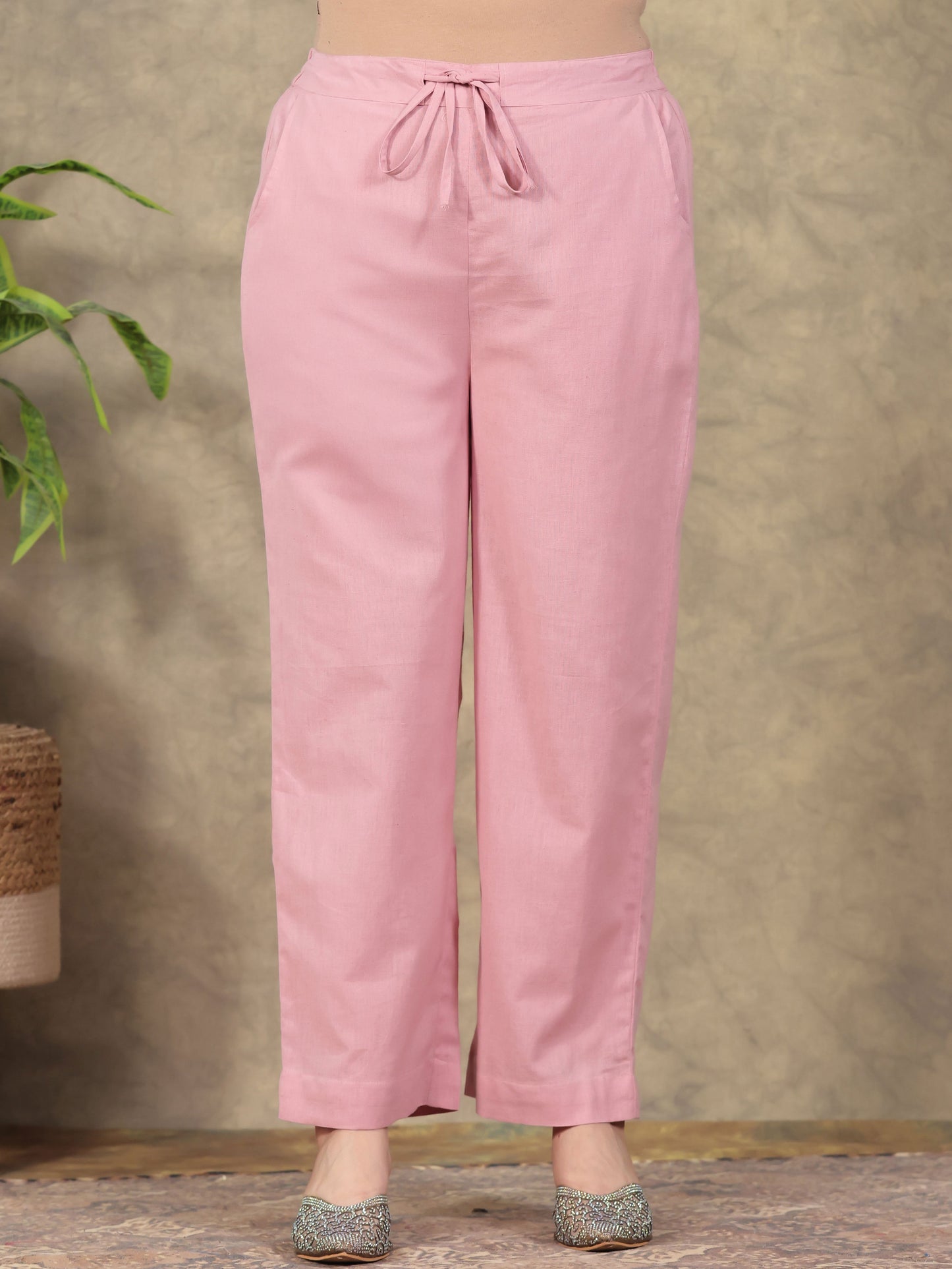 Linen Cotton Solid Peach Straight Trousers