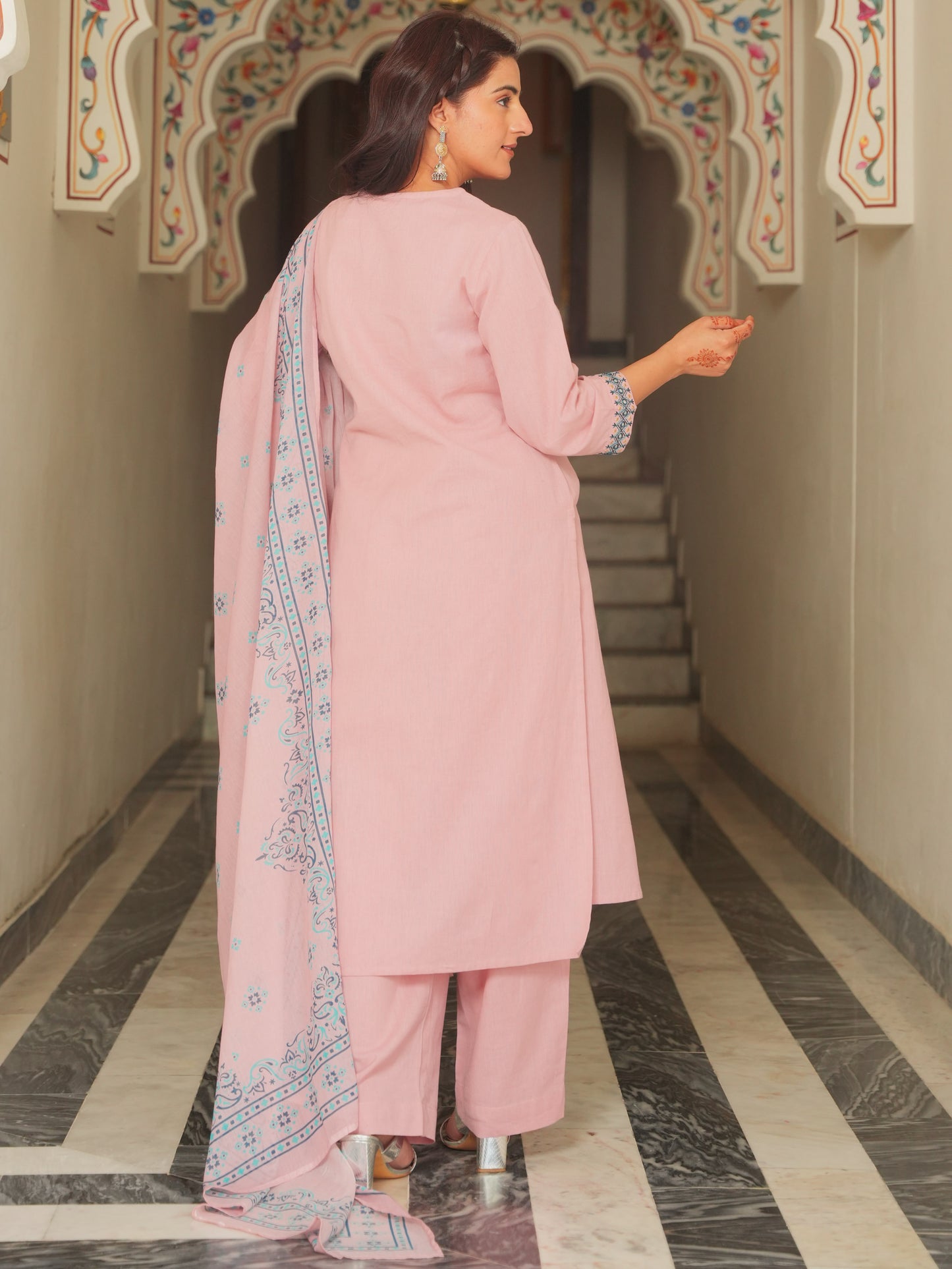 Embroidered Linen Cotton Solid Straight Peach Kurta