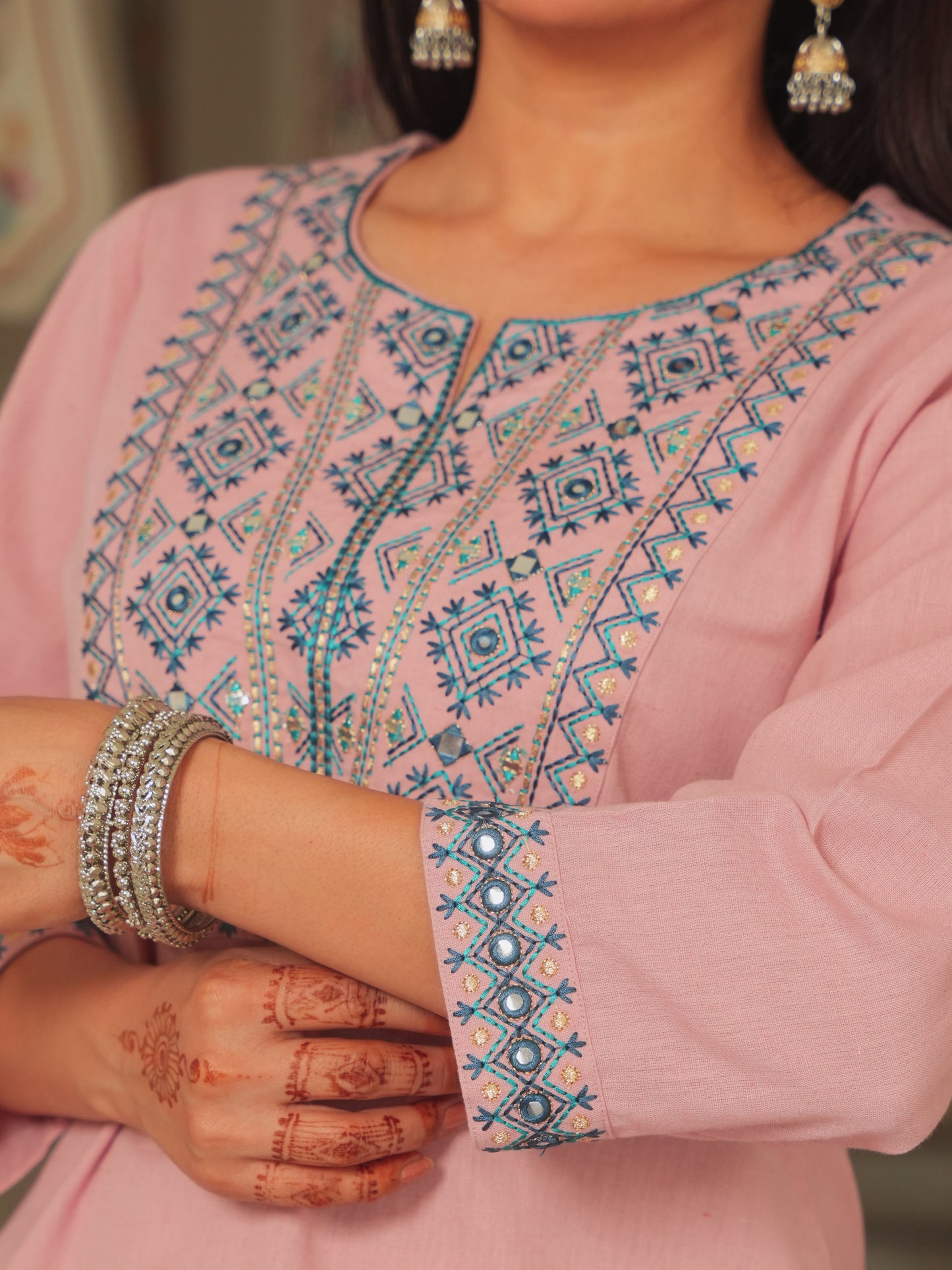 Embroidered Linen Cotton Solid Straight Peach Kurta
