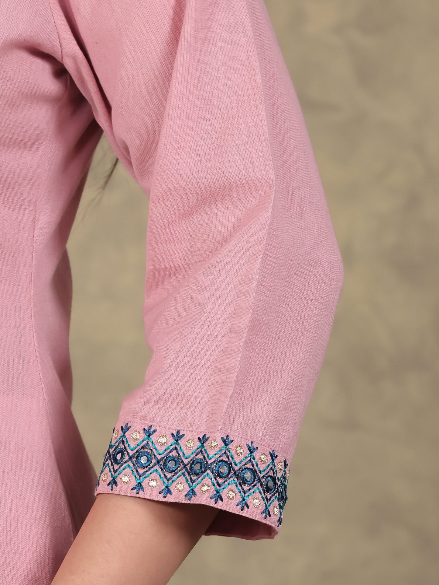 Embroidered Linen Cotton Solid Straight Peach Kurta