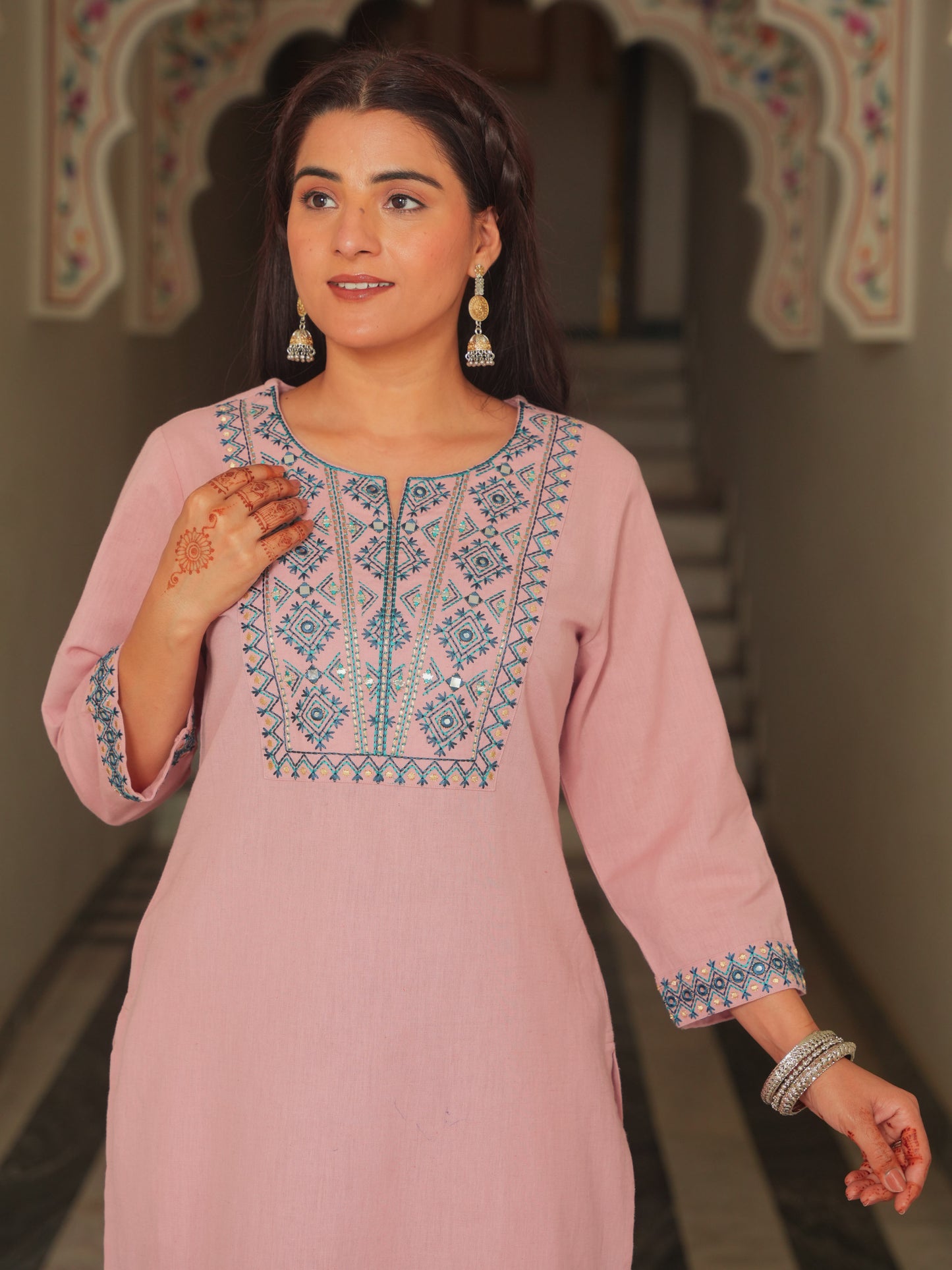 Embroidered Linen Cotton Solid Straight Peach Kurta