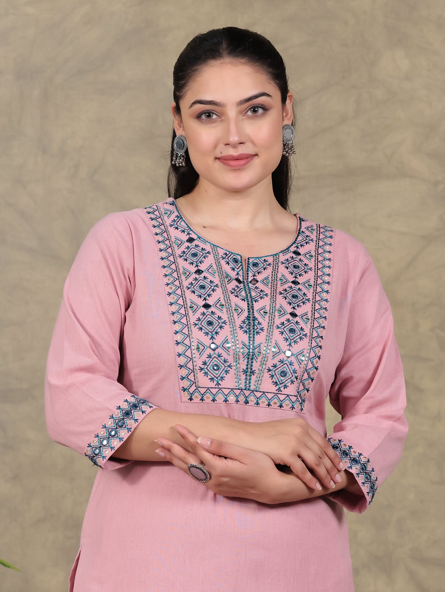 Embroidered Linen Cotton Solid Straight Peach Kurta
