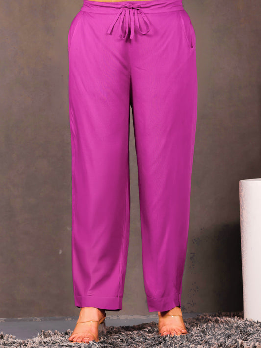 Viscose Solid Pink Straight Trousers