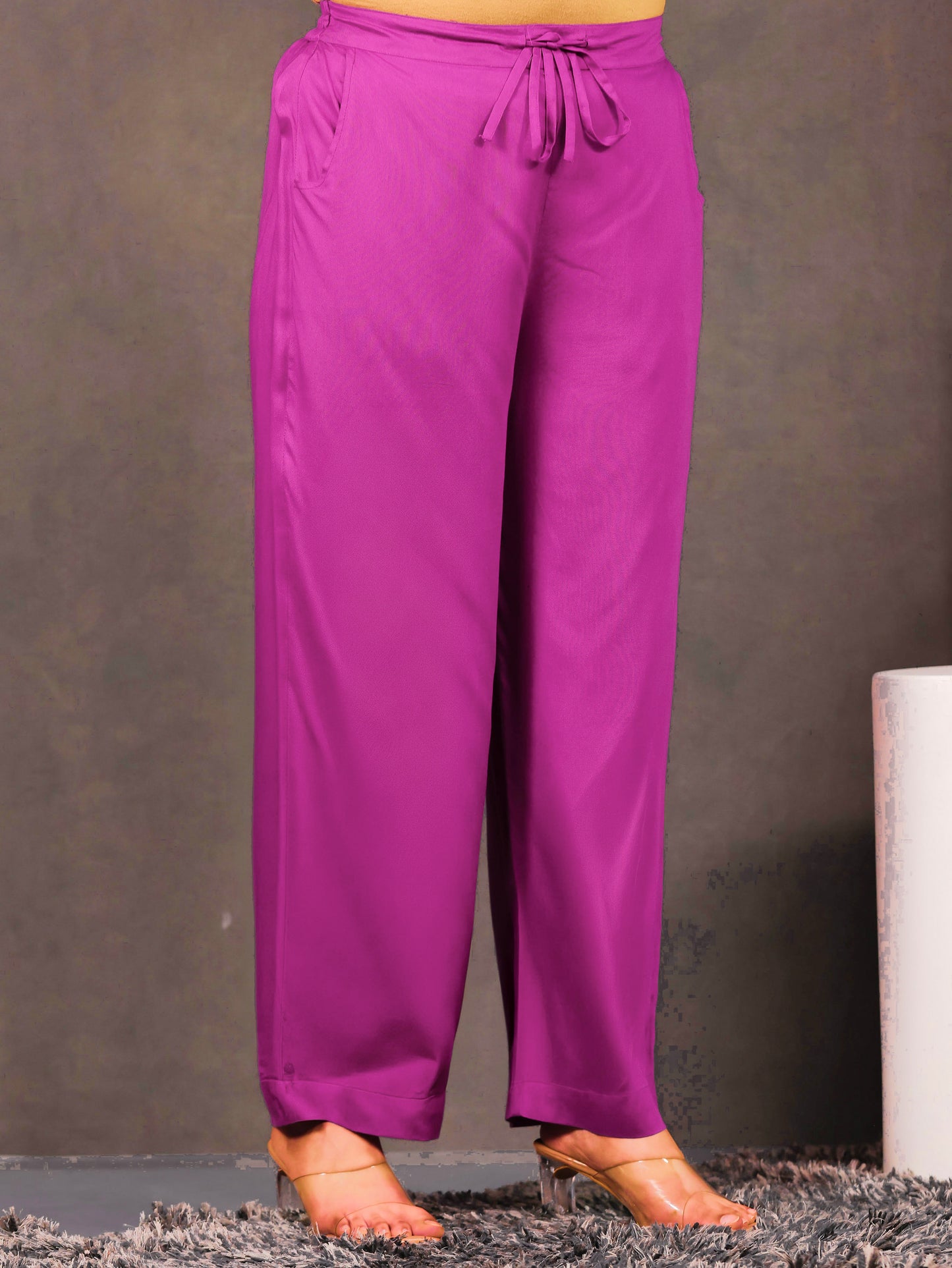 Viscose Solid Pink Straight Trousers
