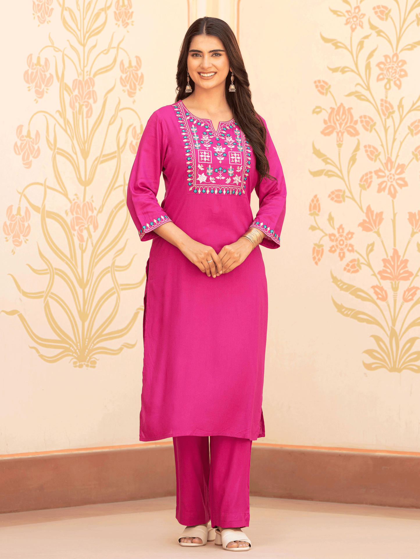 Embroidered Viscose Solid Straight Pink Kurta