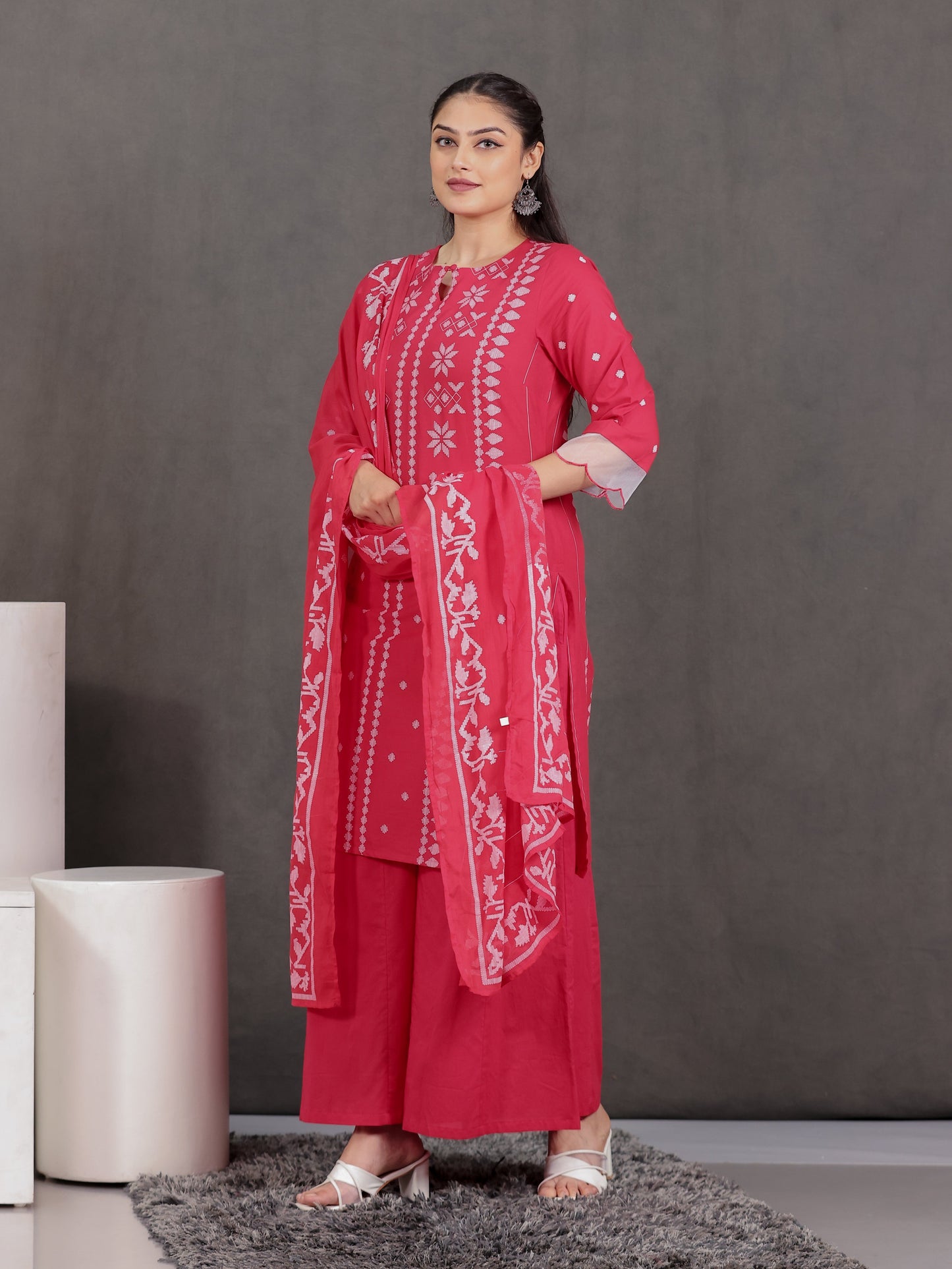 Cotton Voile Geometric Red Dupatta