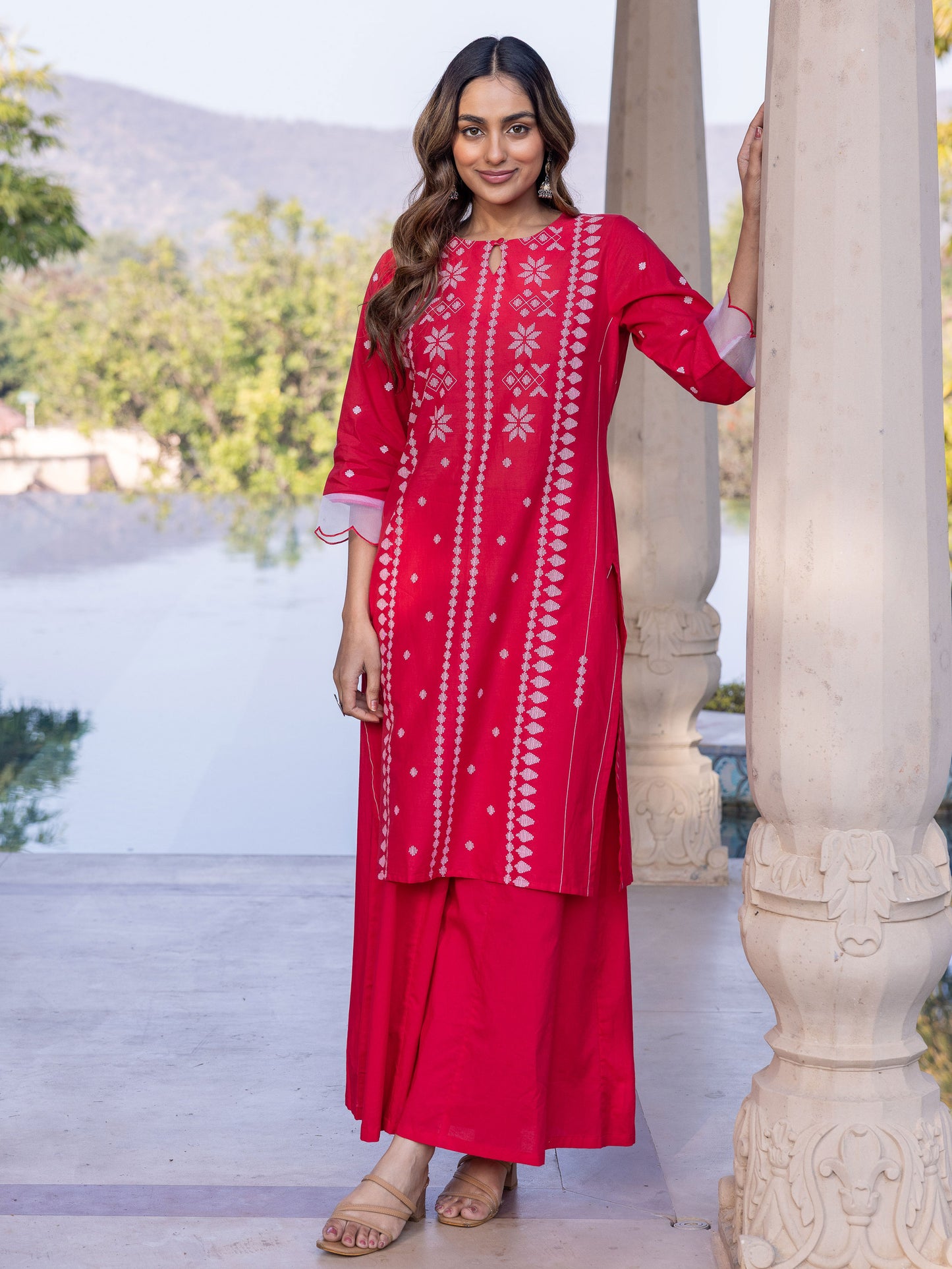 Embroidered Soft Cotton Geometric Straight Red Kurta