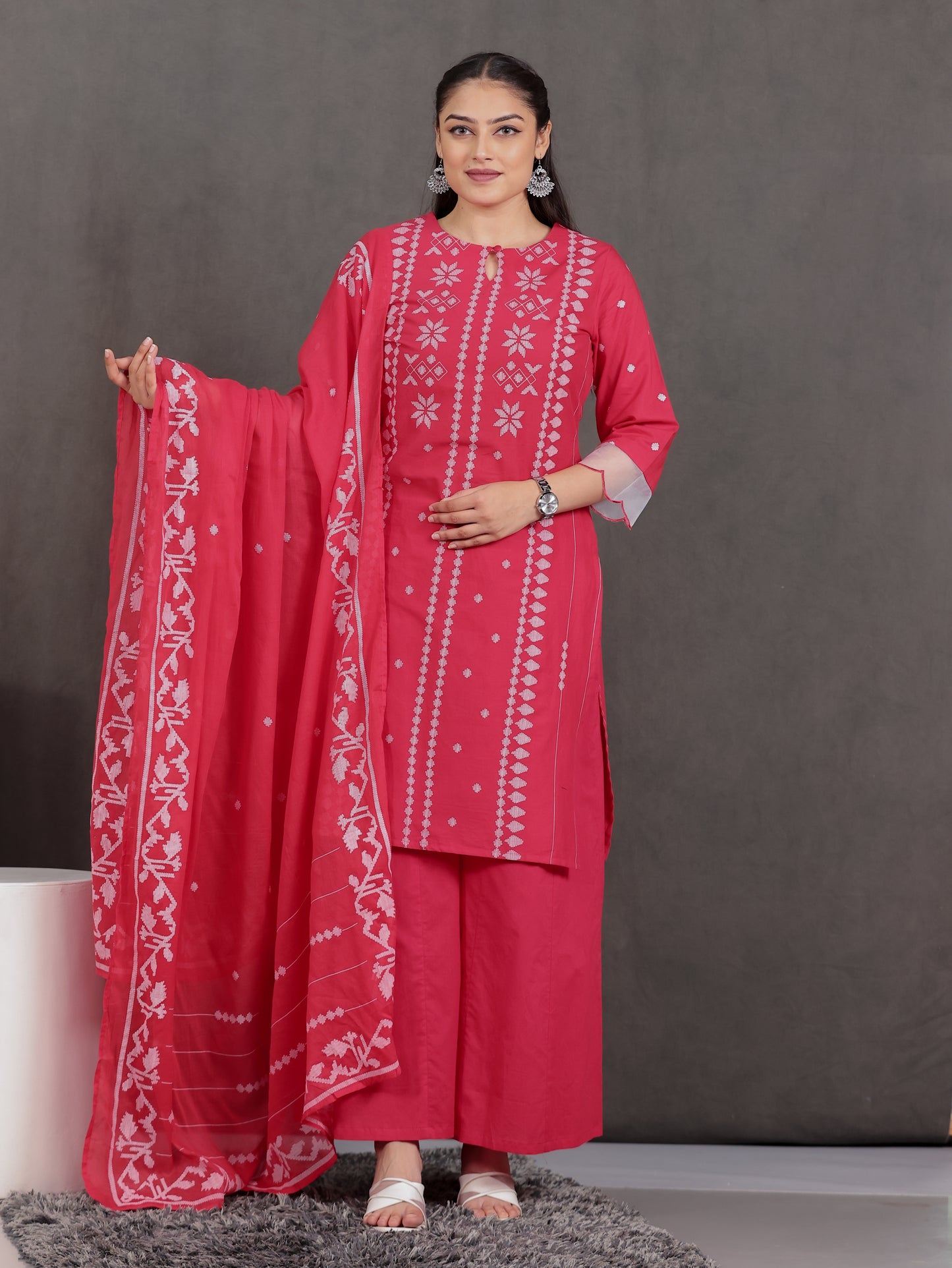 Embroidered Soft Cotton Geometric Straight Red Kurta