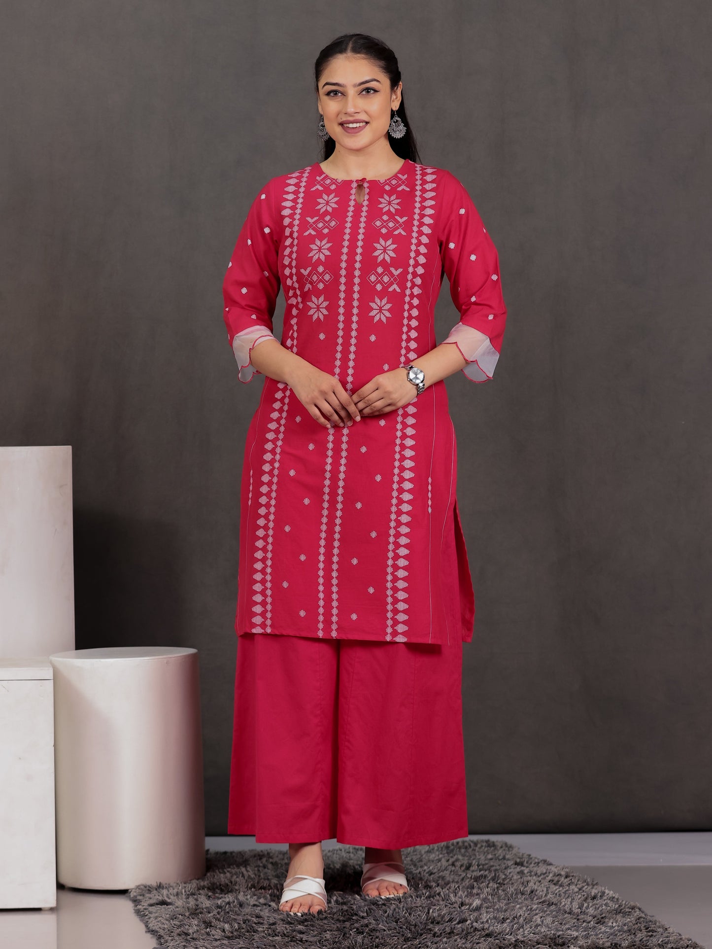 Embroidered Soft Cotton Geometric Straight Red Kurta