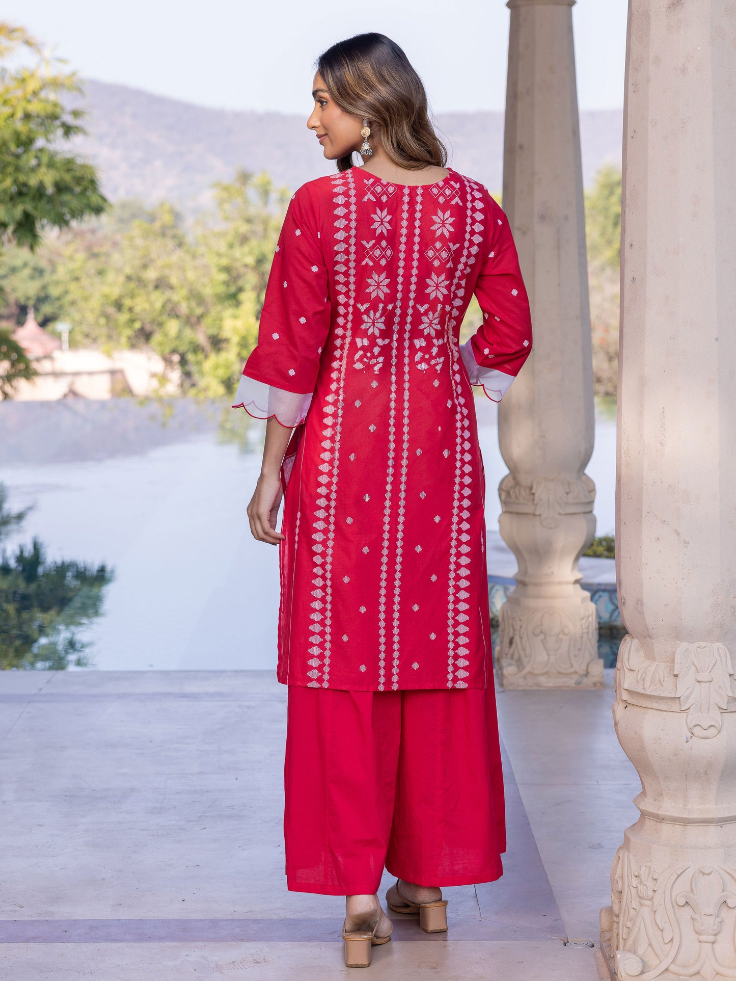 Embroidered Soft Cotton Geometric Straight Red Kurta