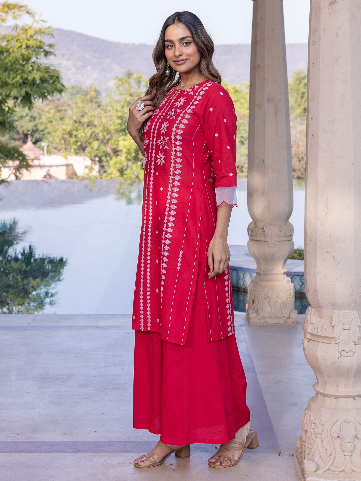 Embroidered Soft Cotton Geometric Straight Red Kurta