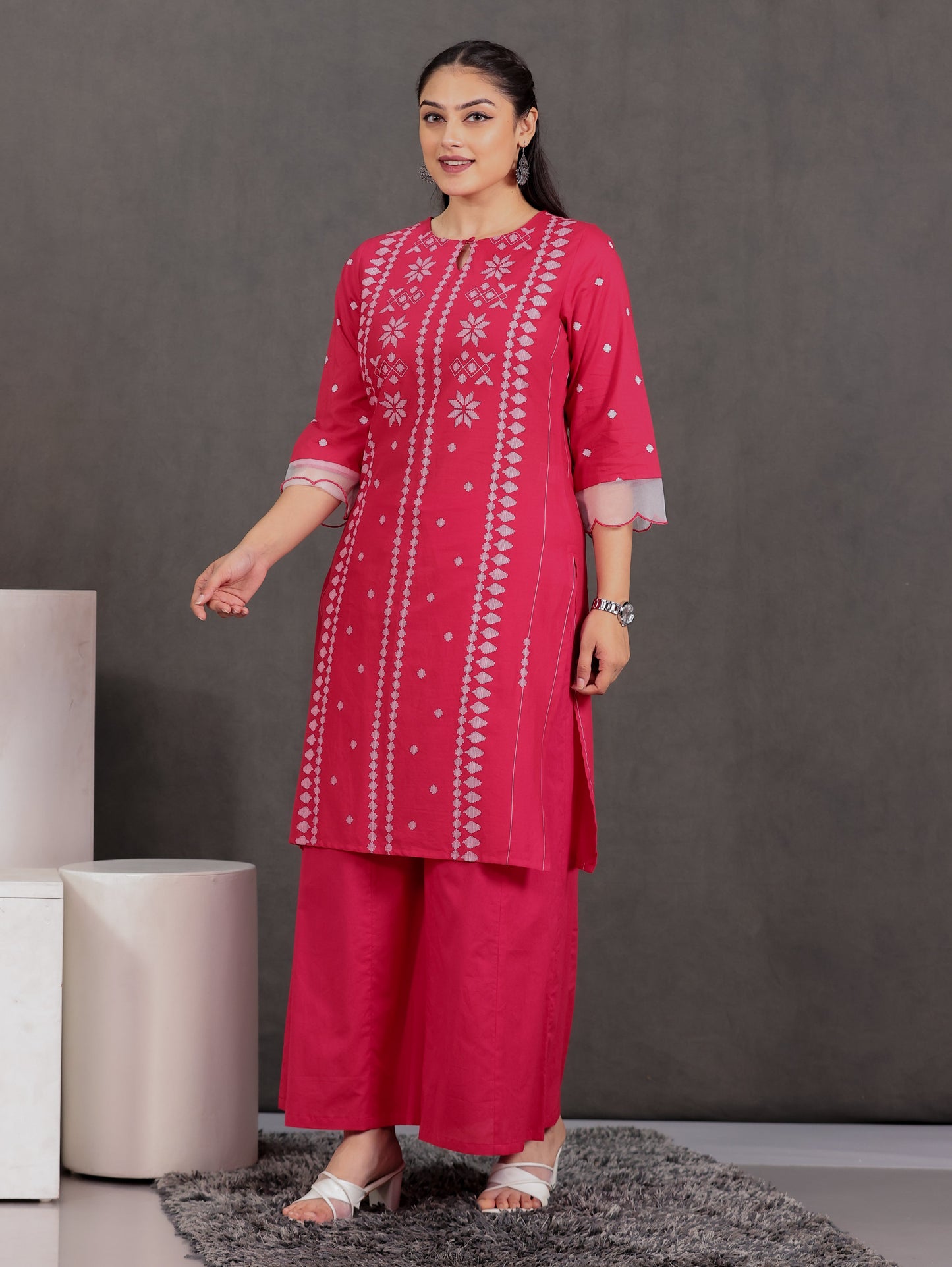 Embroidered Soft Cotton Geometric Straight Red Kurta