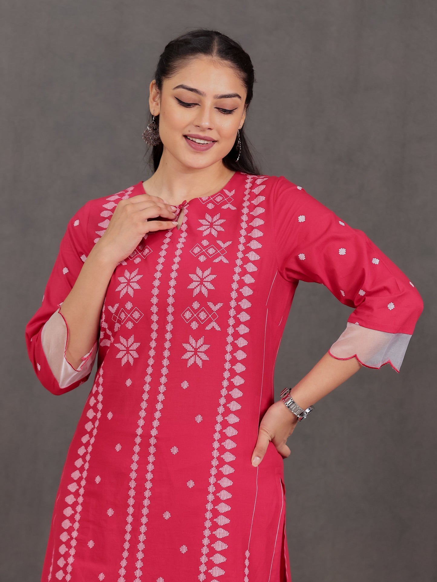 Embroidered Soft Cotton Geometric Straight Red Kurta
