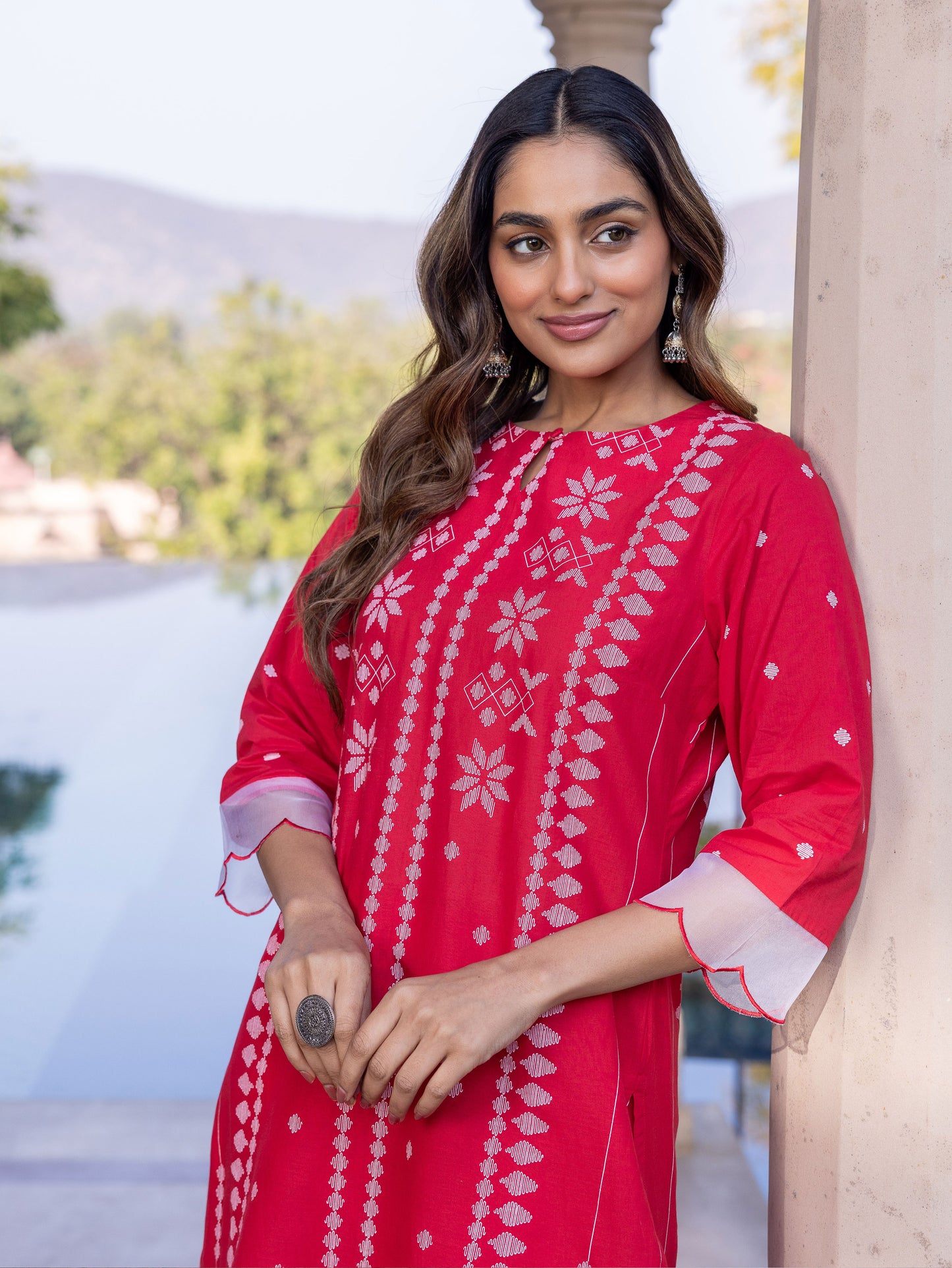 Embroidered Soft Cotton Geometric Straight Red Kurta