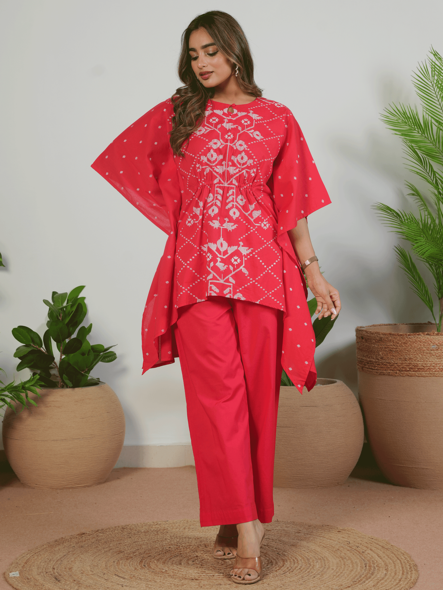 Soft Cotton Placement Print Kaftan Red Tunic