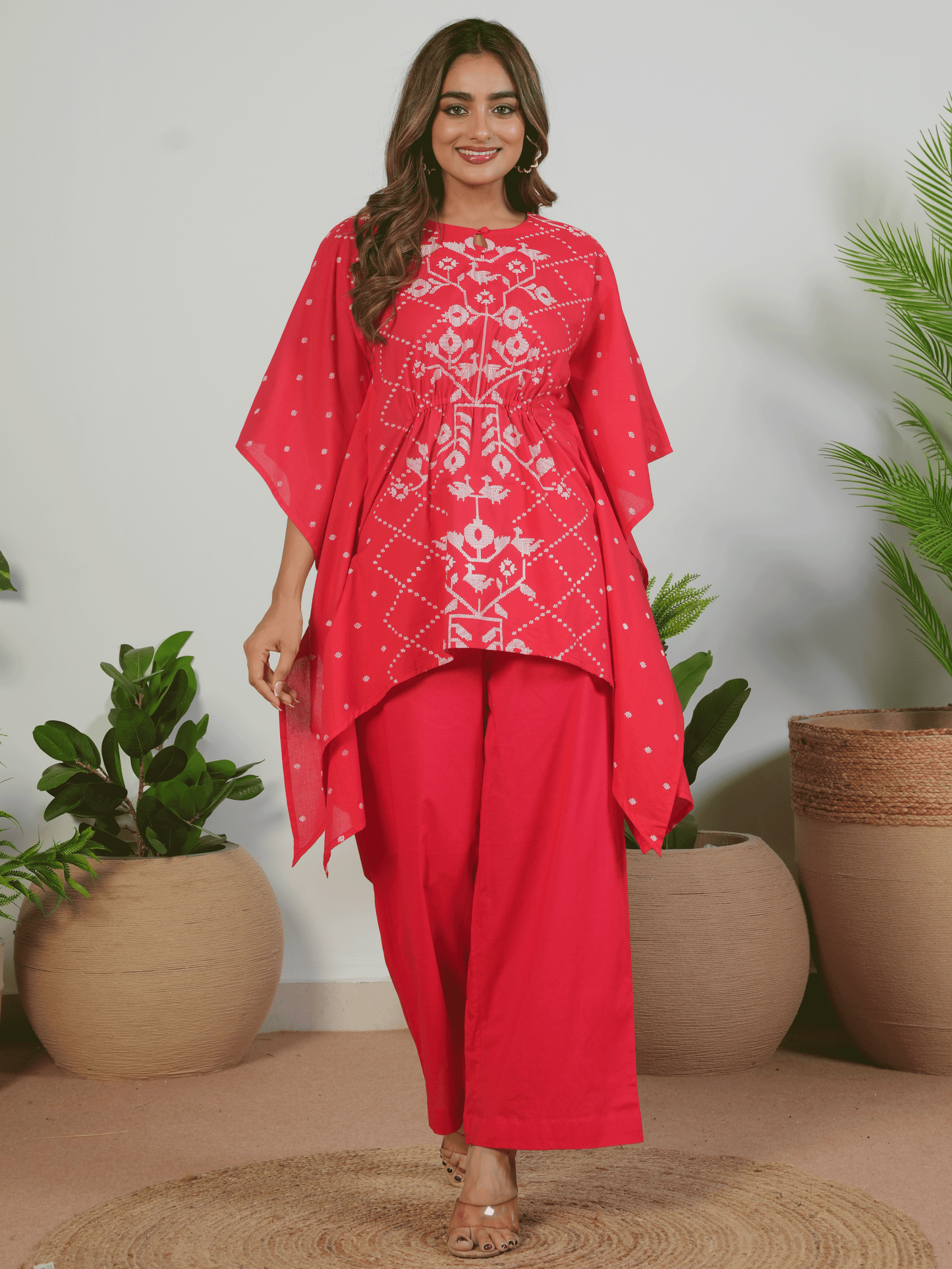Soft Cotton Placement Print Kaftan Red Tunic