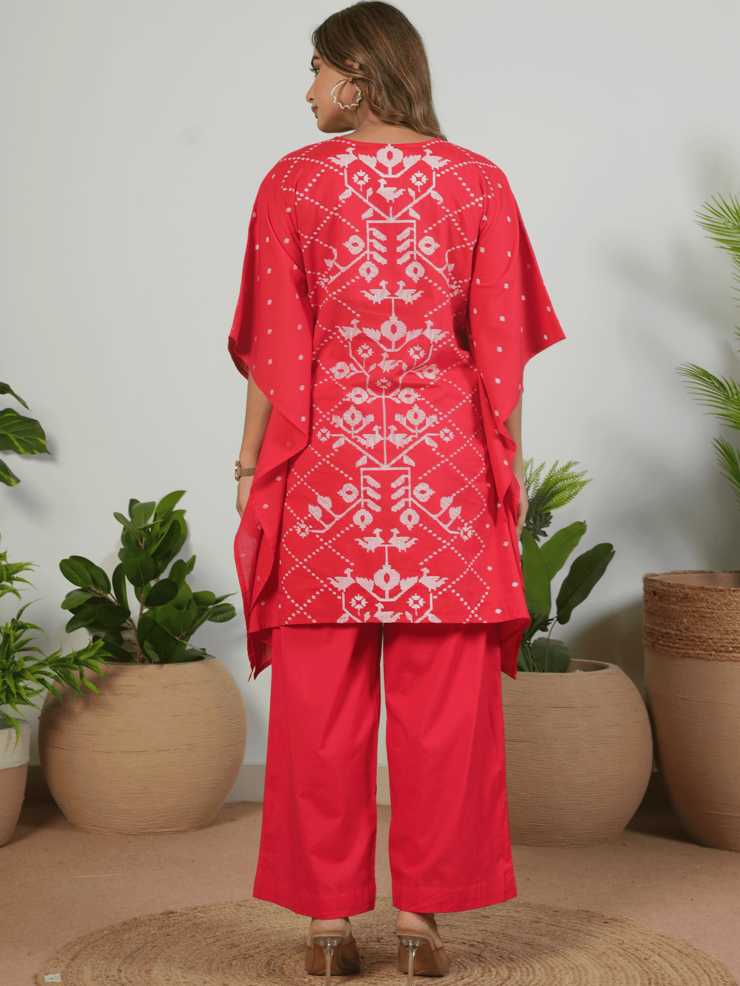 Soft Cotton Placement Print Kaftan Red Tunic