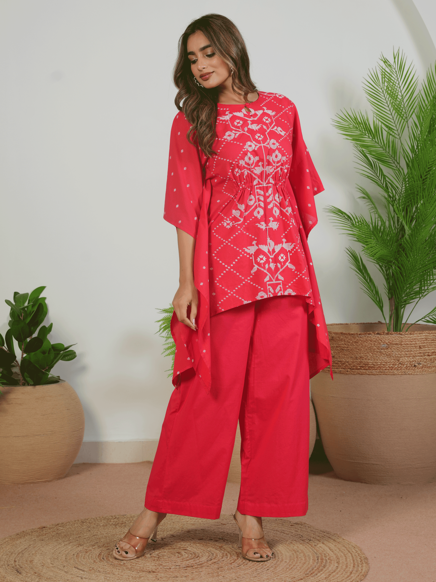 Soft Cotton Placement Print Kaftan Red Tunic