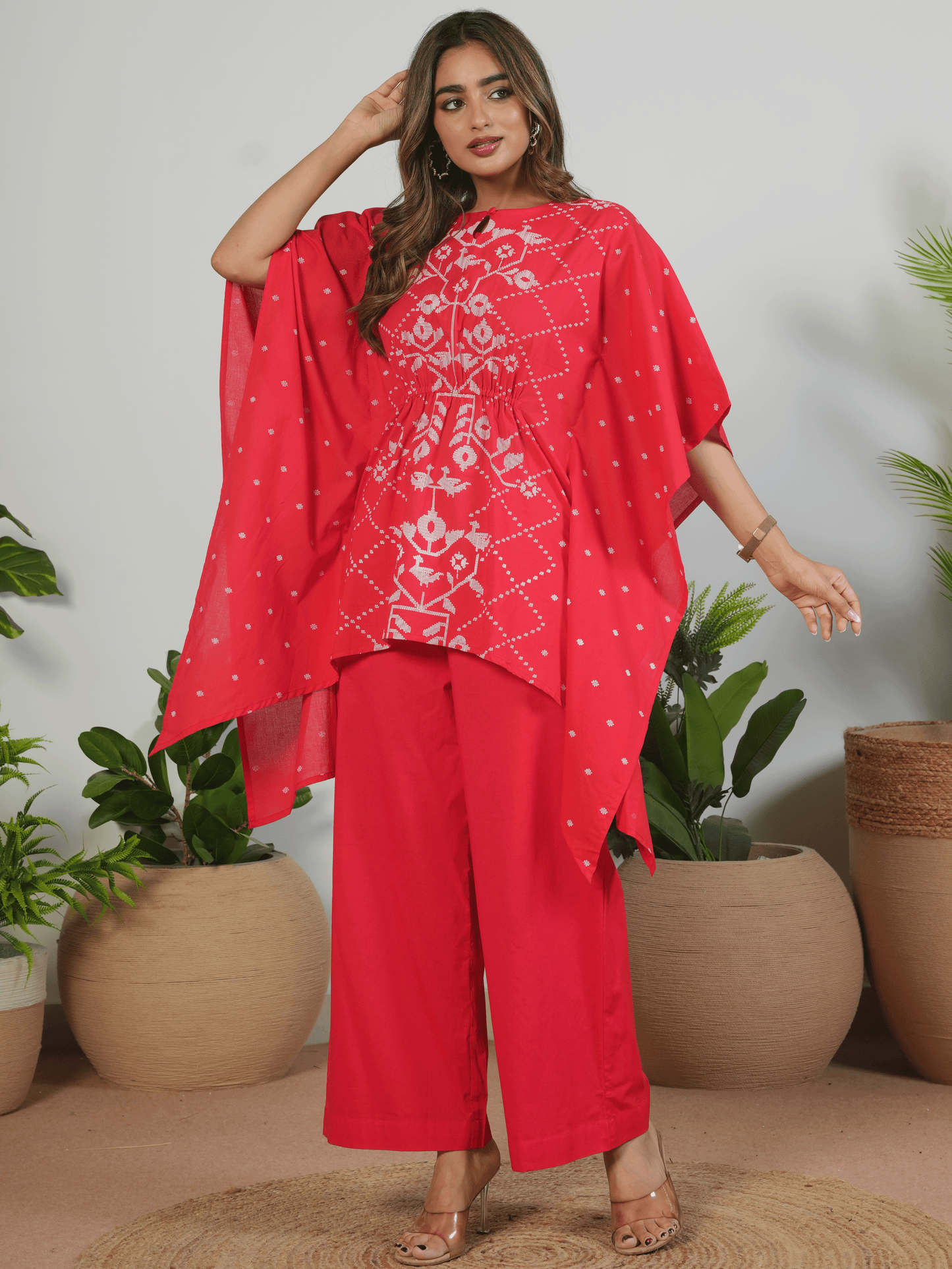Soft Cotton Placement Print Kaftan Red Tunic