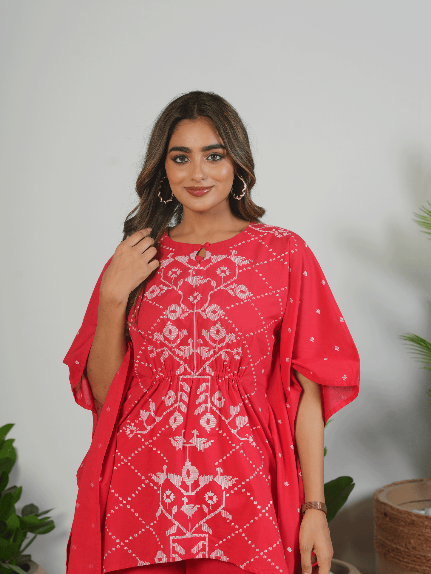 Soft Cotton Placement Print Kaftan Red Tunic