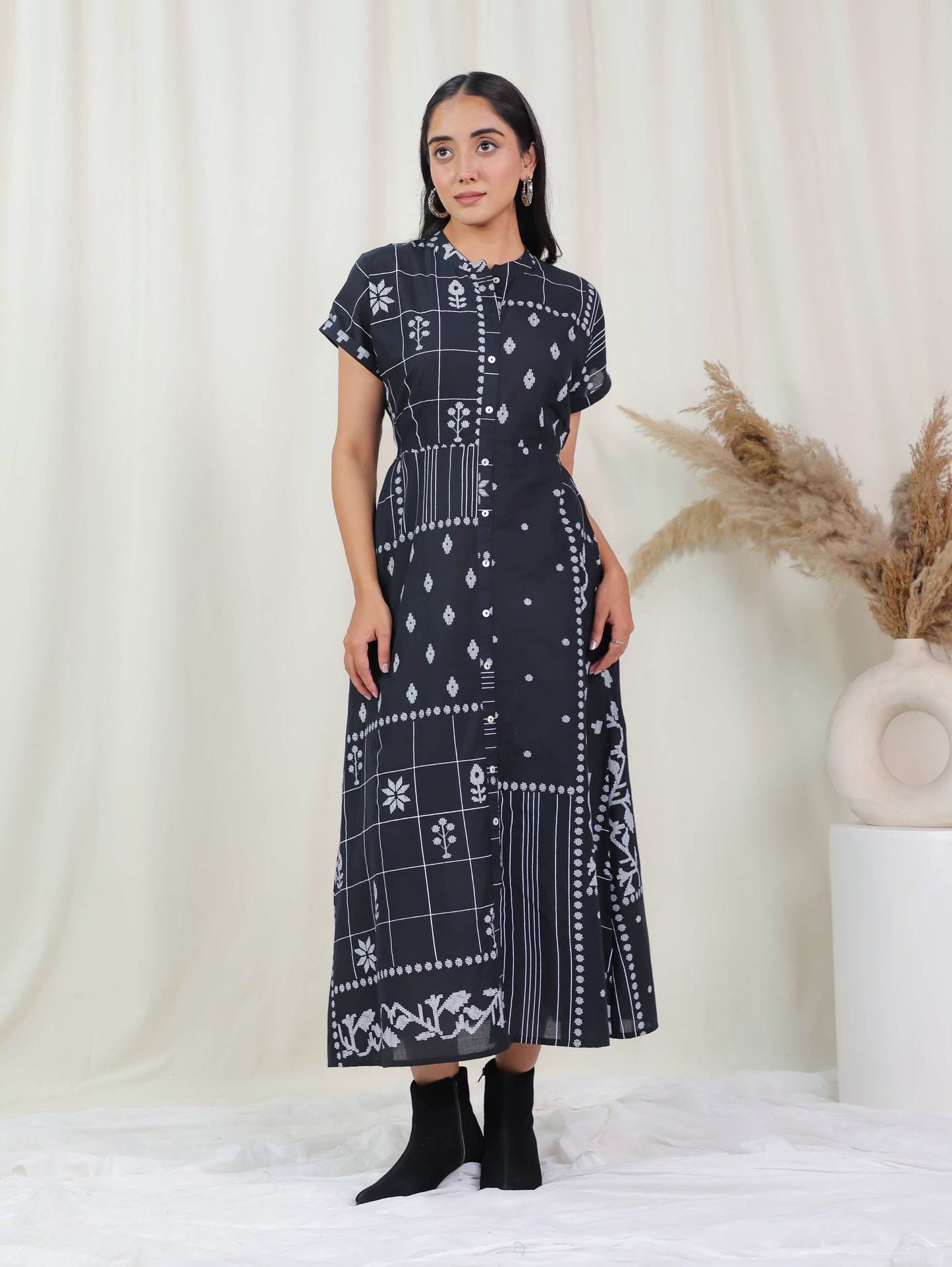 Soft Cotton Patchwork A-line Black Dress