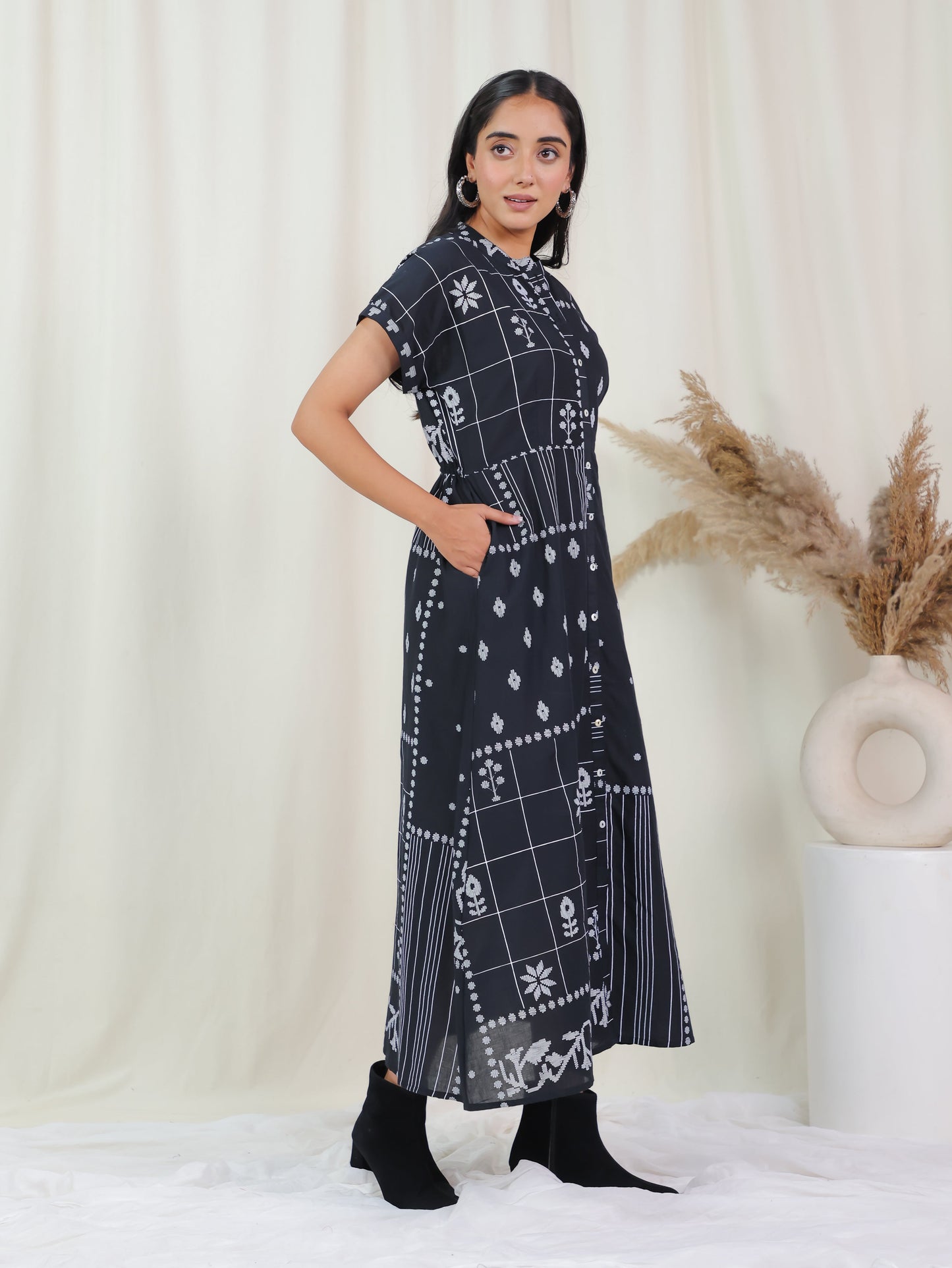 Soft Cotton Patchwork A-line Black Dress