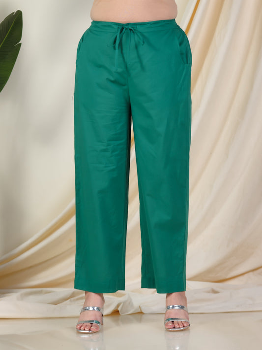 Soft Cotton Solid Green Straight Trousers
