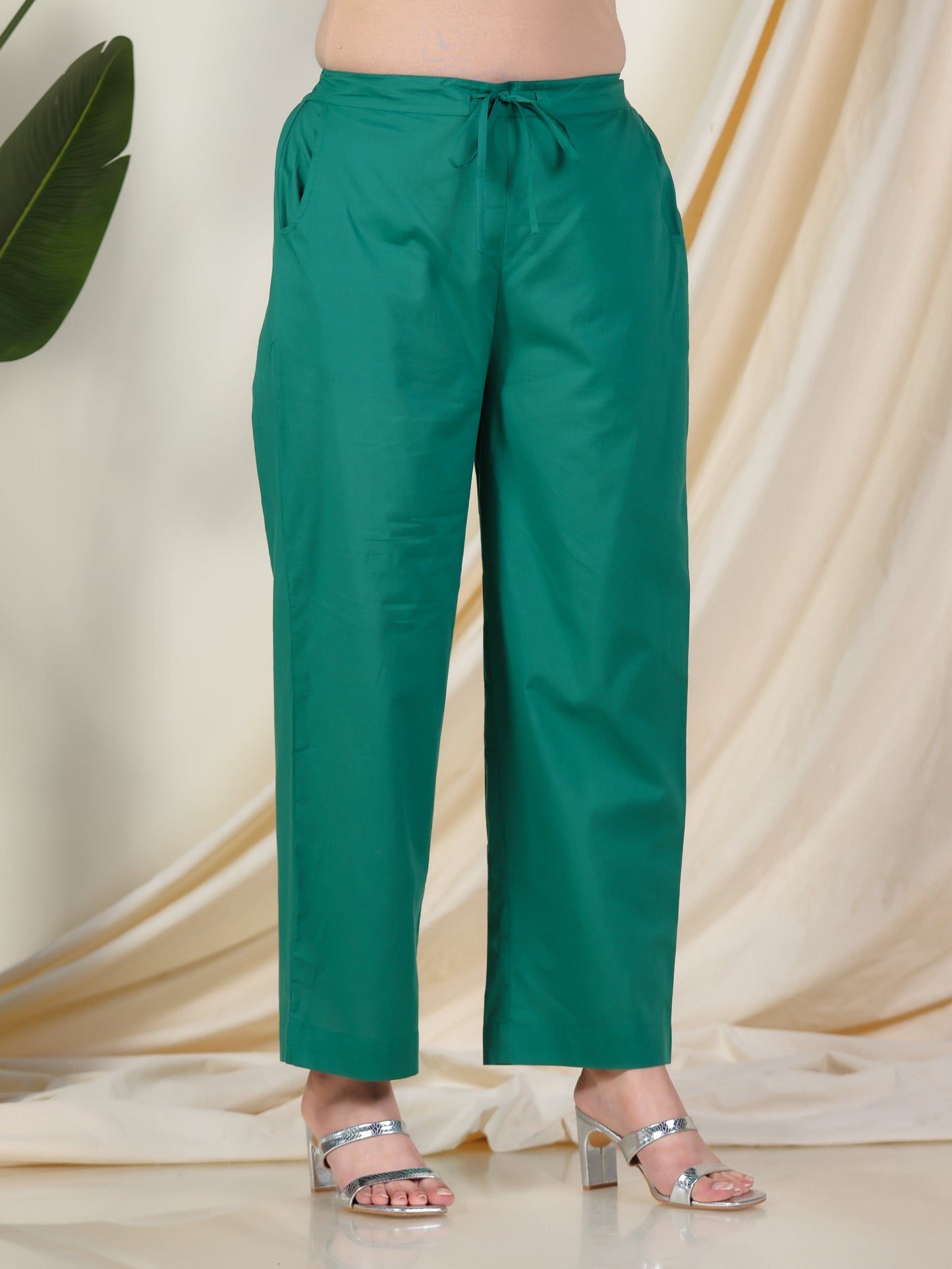 Soft Cotton Solid Green Straight Trousers