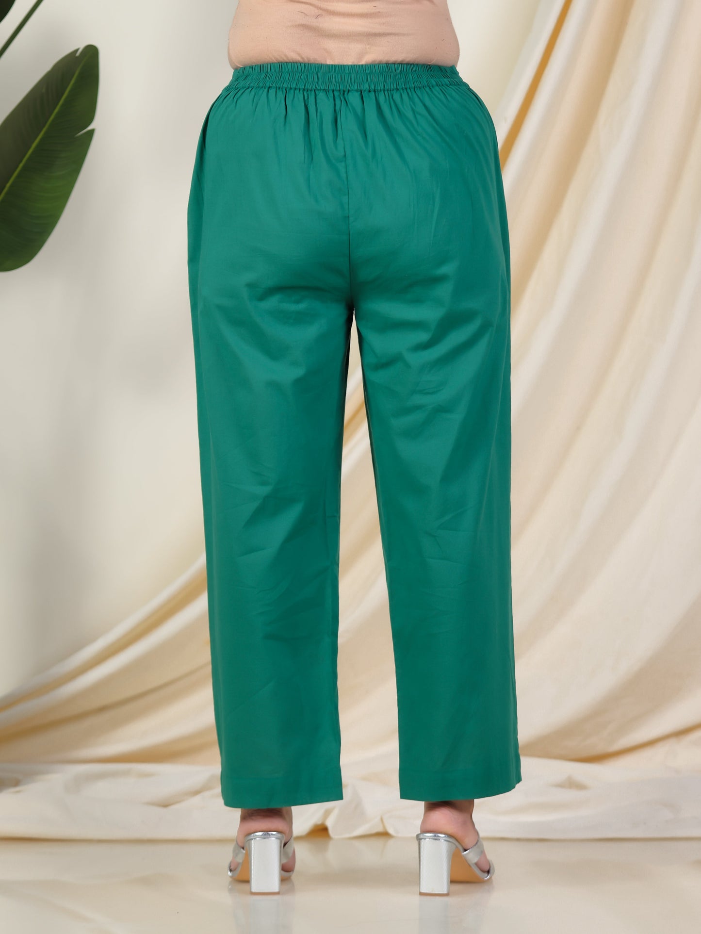 Soft Cotton Solid Green Straight Trousers