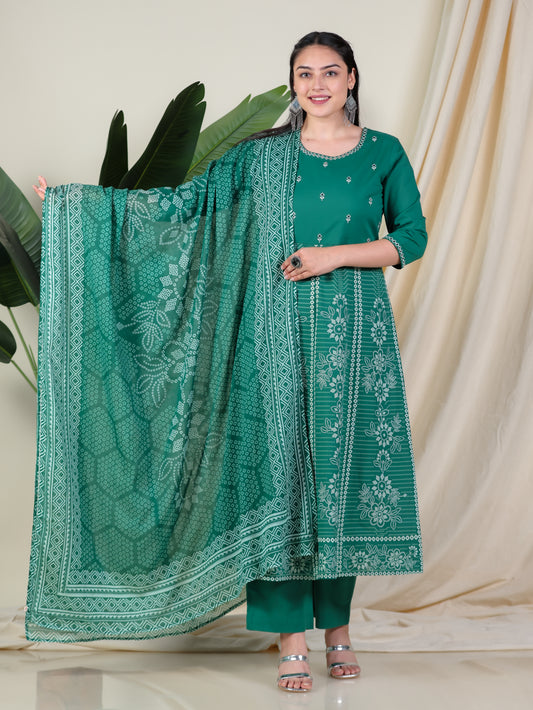 Embroidered Soft Cotton Bandhani Anarkali Green Kurta
