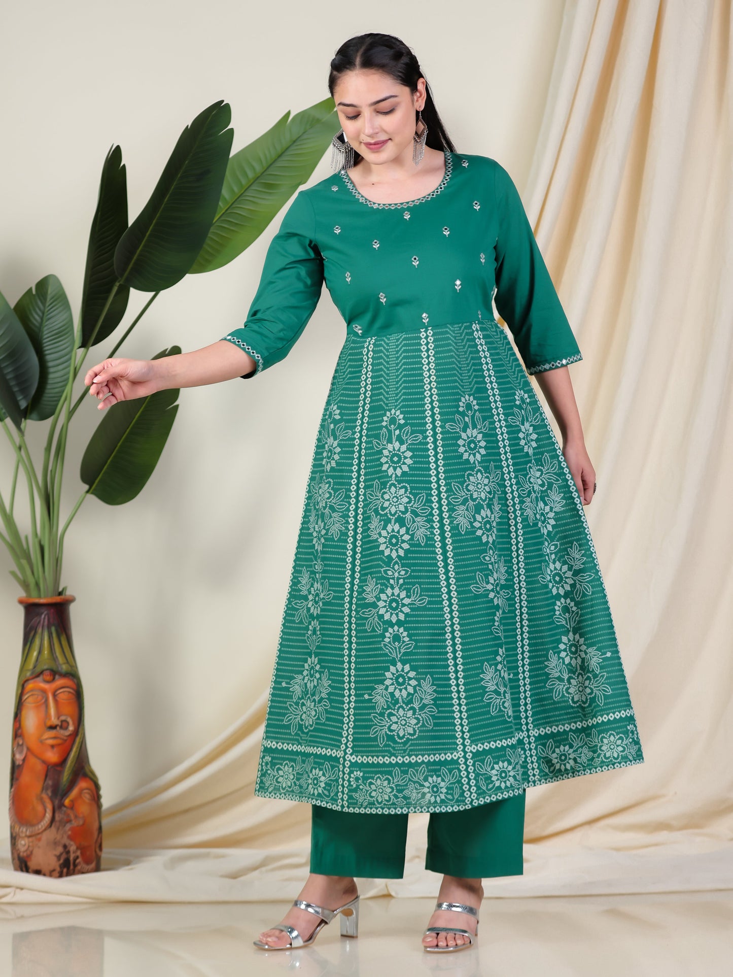 Embroidered Soft Cotton Bandhani Anarkali Green Kurta