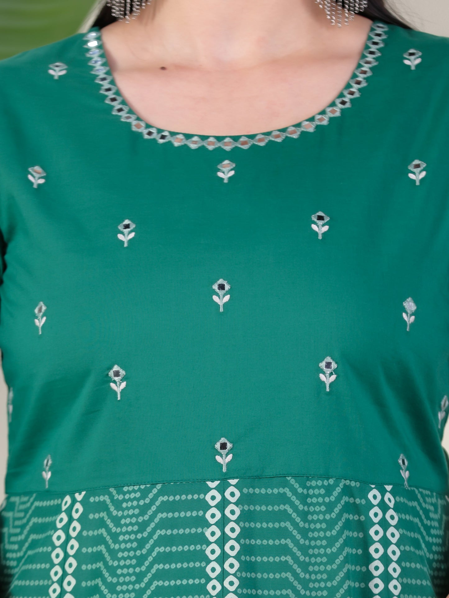 Embroidered Soft Cotton Bandhani Anarkali Green Kurta