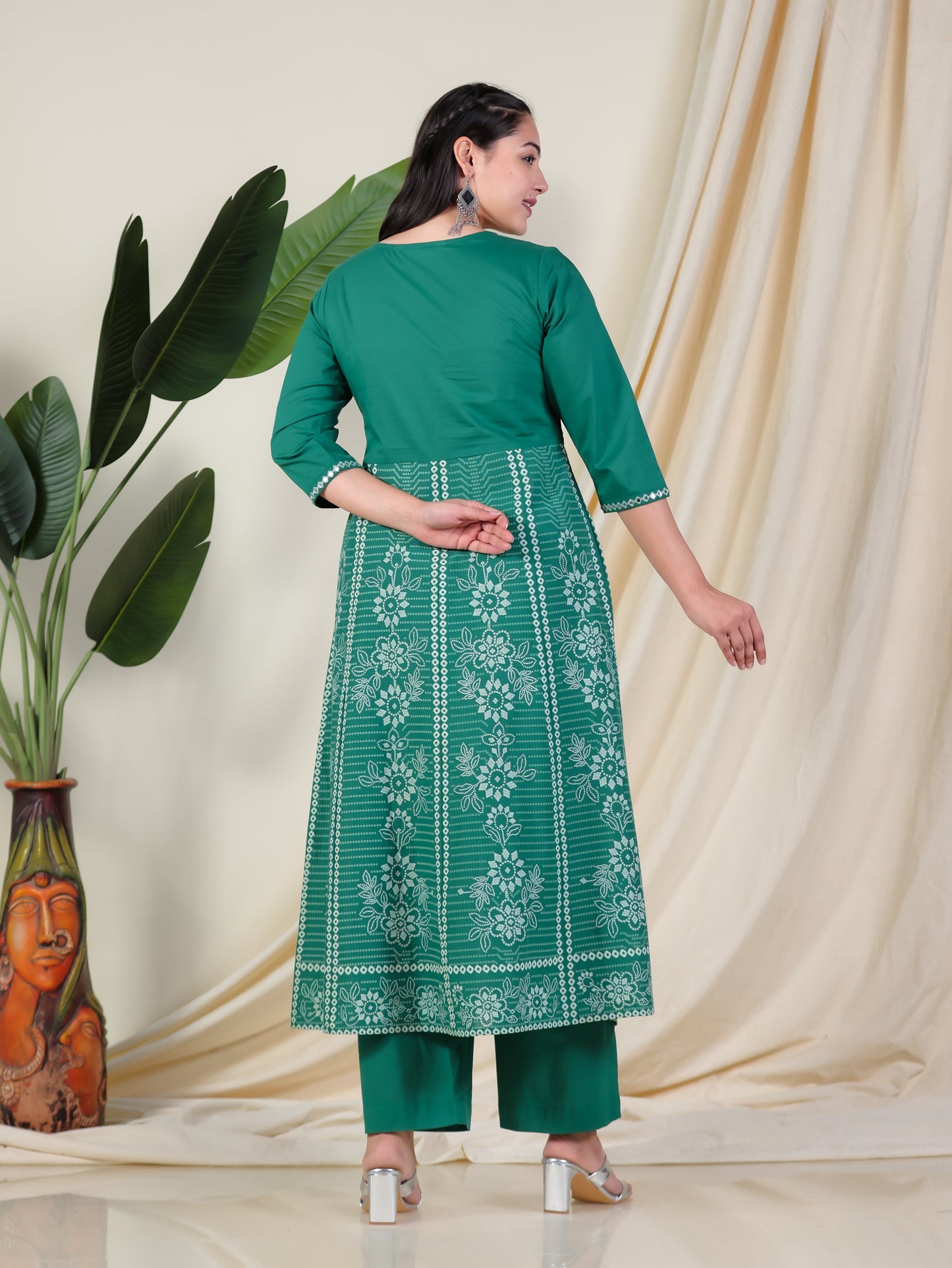 Embroidered Soft Cotton Bandhani Anarkali Green Kurta
