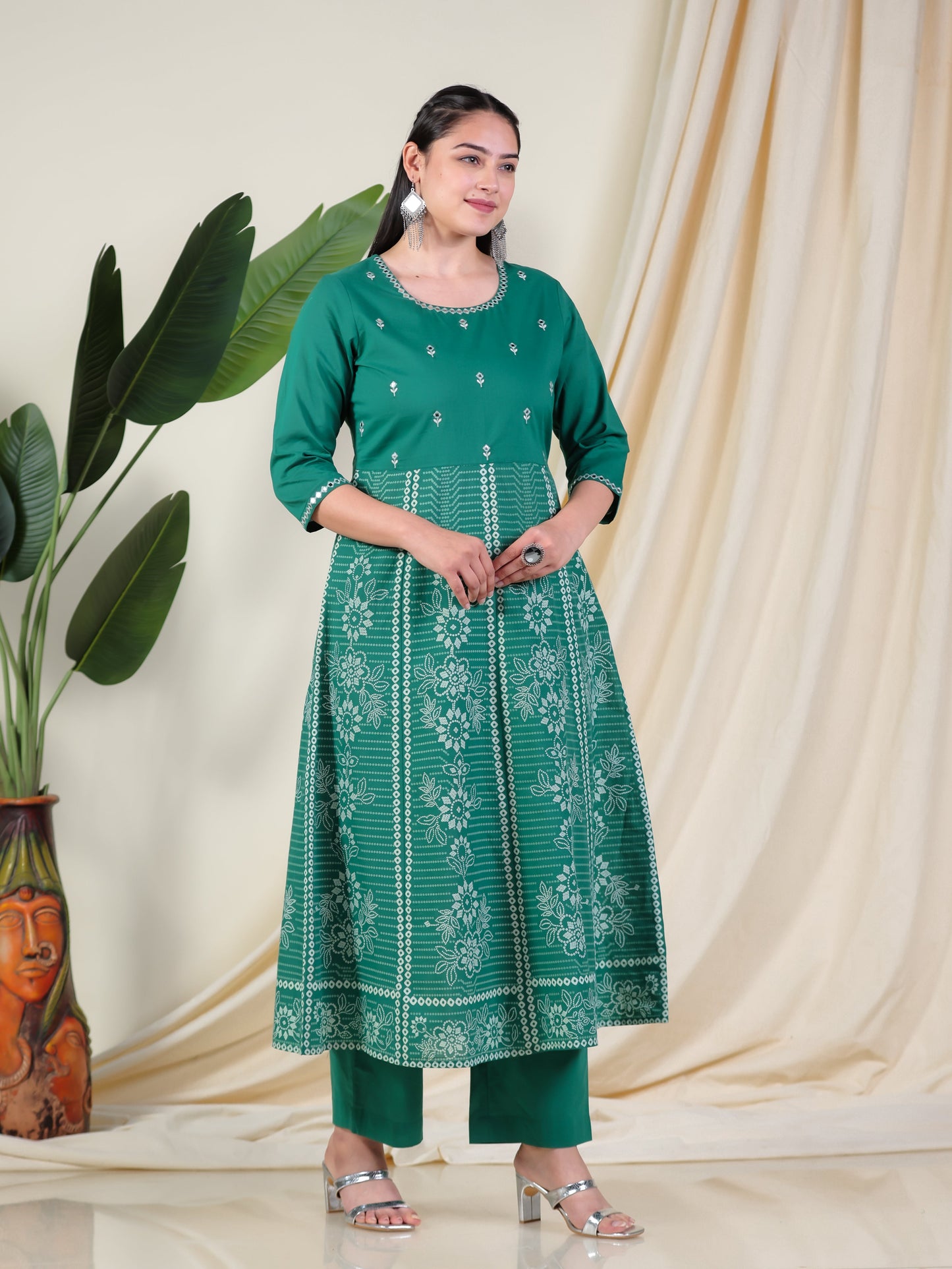 Embroidered Soft Cotton Bandhani Anarkali Green Kurta
