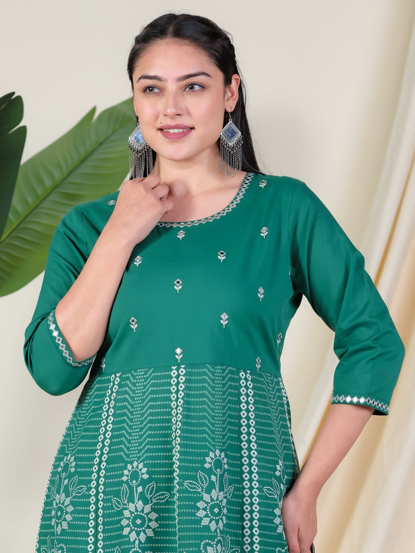 Embroidered Soft Cotton Bandhani Anarkali Green Kurta