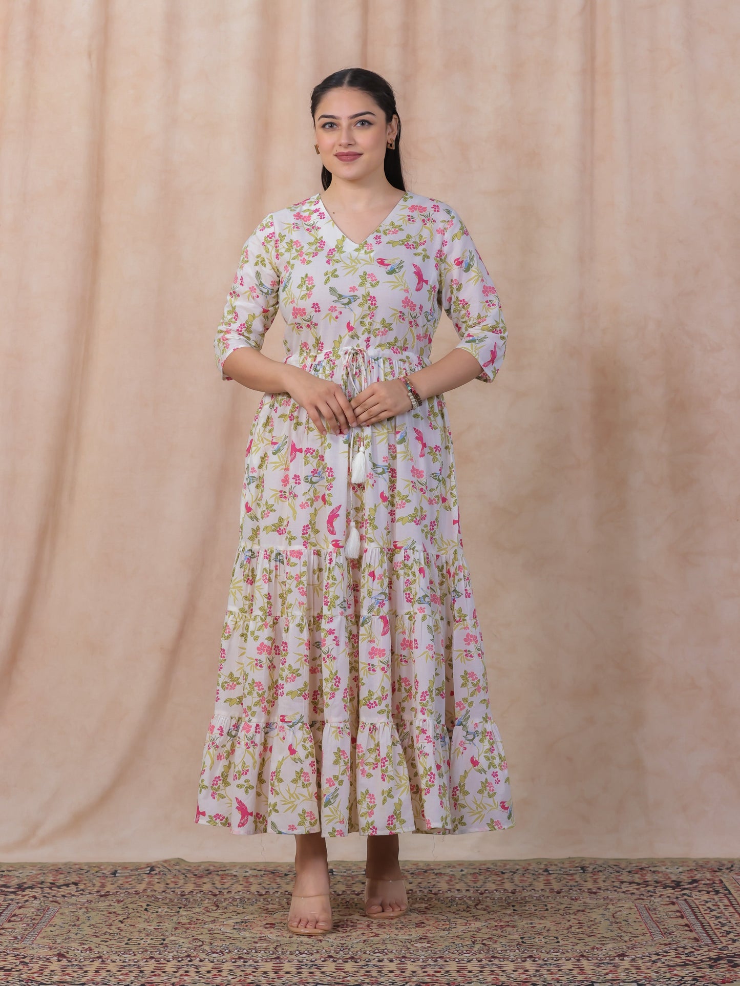 Soft Cotton Floral Anarkali Off White Dress