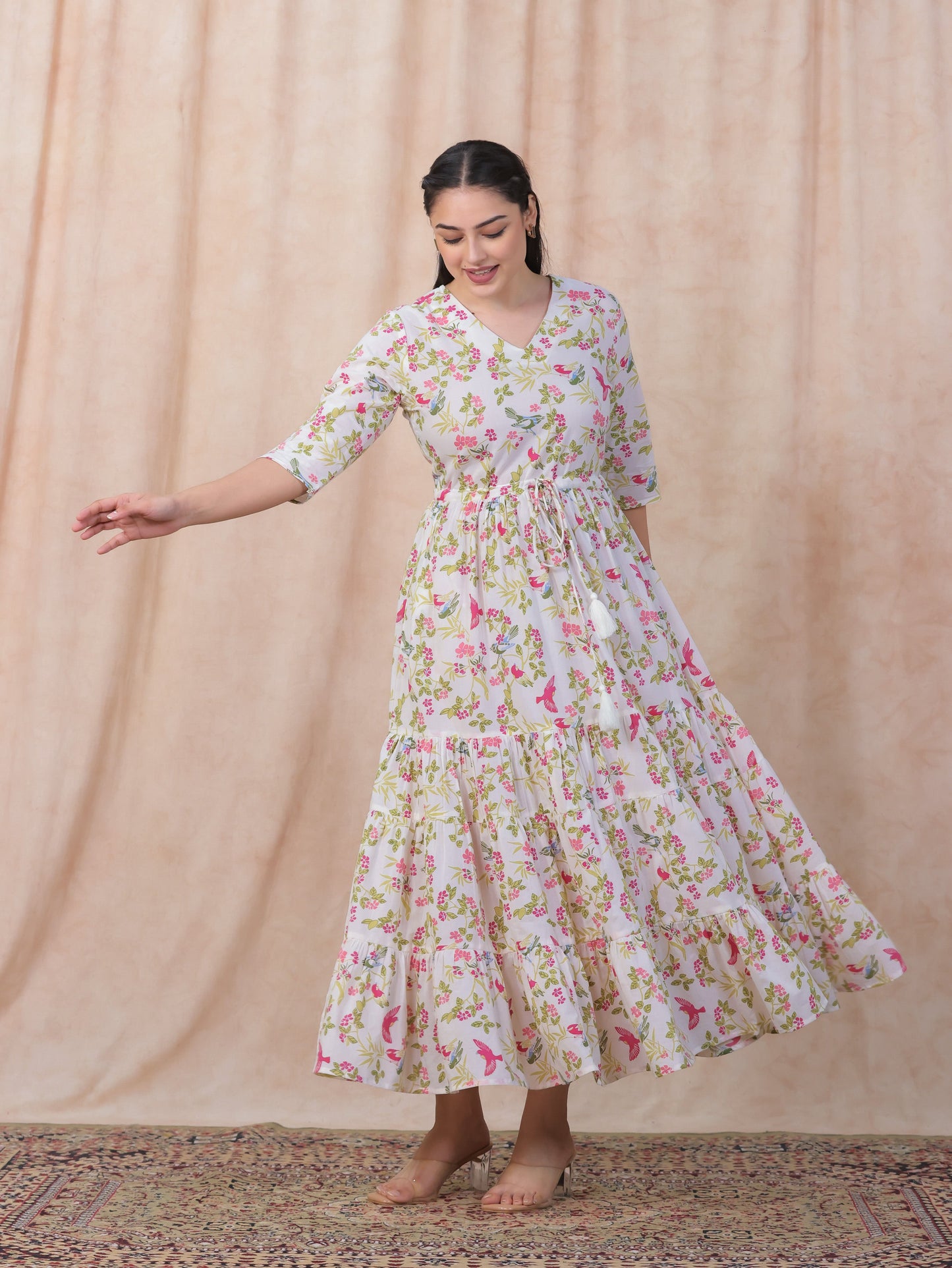 Soft Cotton Floral Anarkali Off White Dress