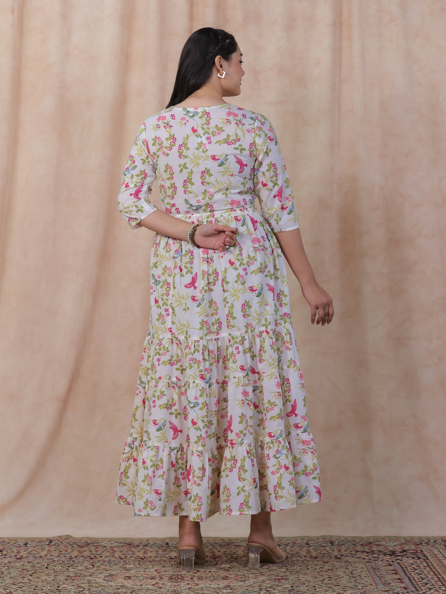 Soft Cotton Floral Anarkali Off White Dress