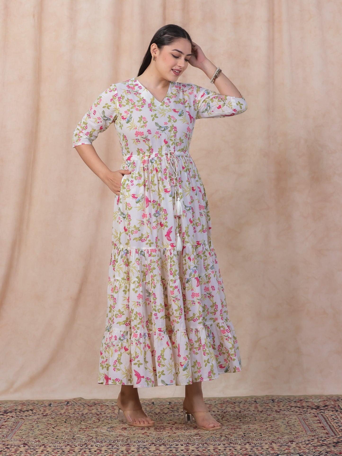 Soft Cotton Floral Anarkali Off White Dress