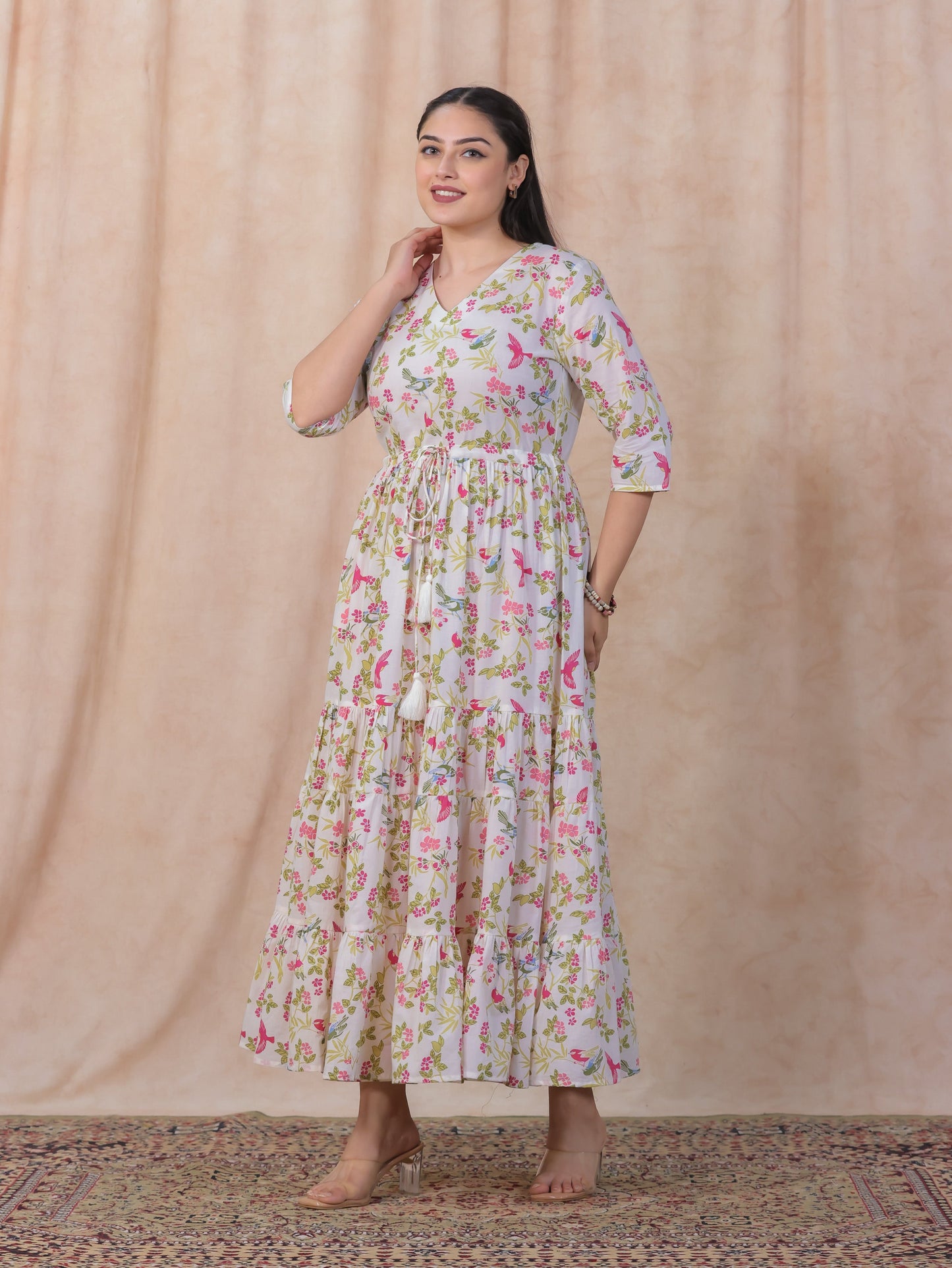 Soft Cotton Floral Anarkali Off White Dress