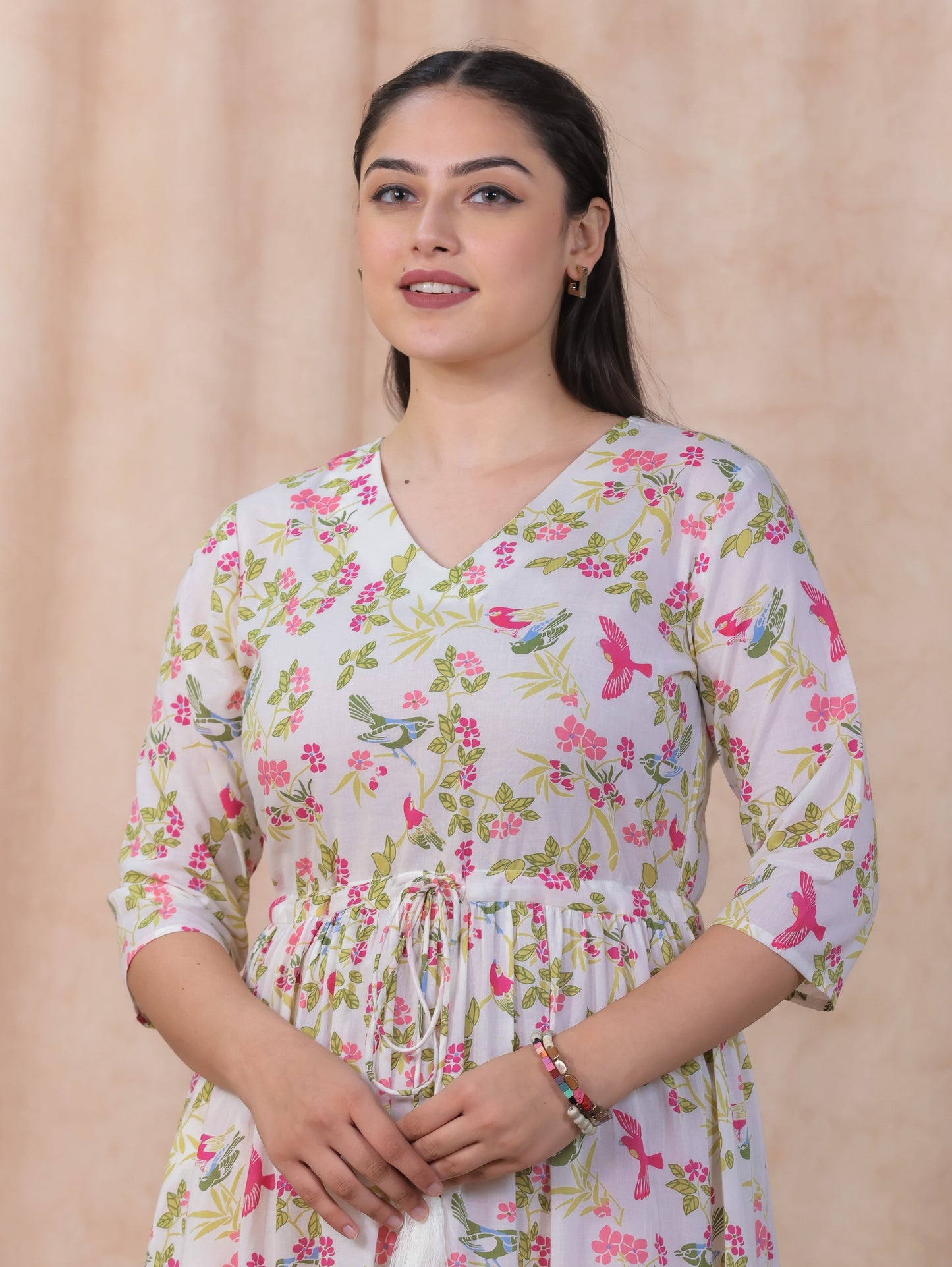 Soft Cotton Floral Anarkali Off White Dress