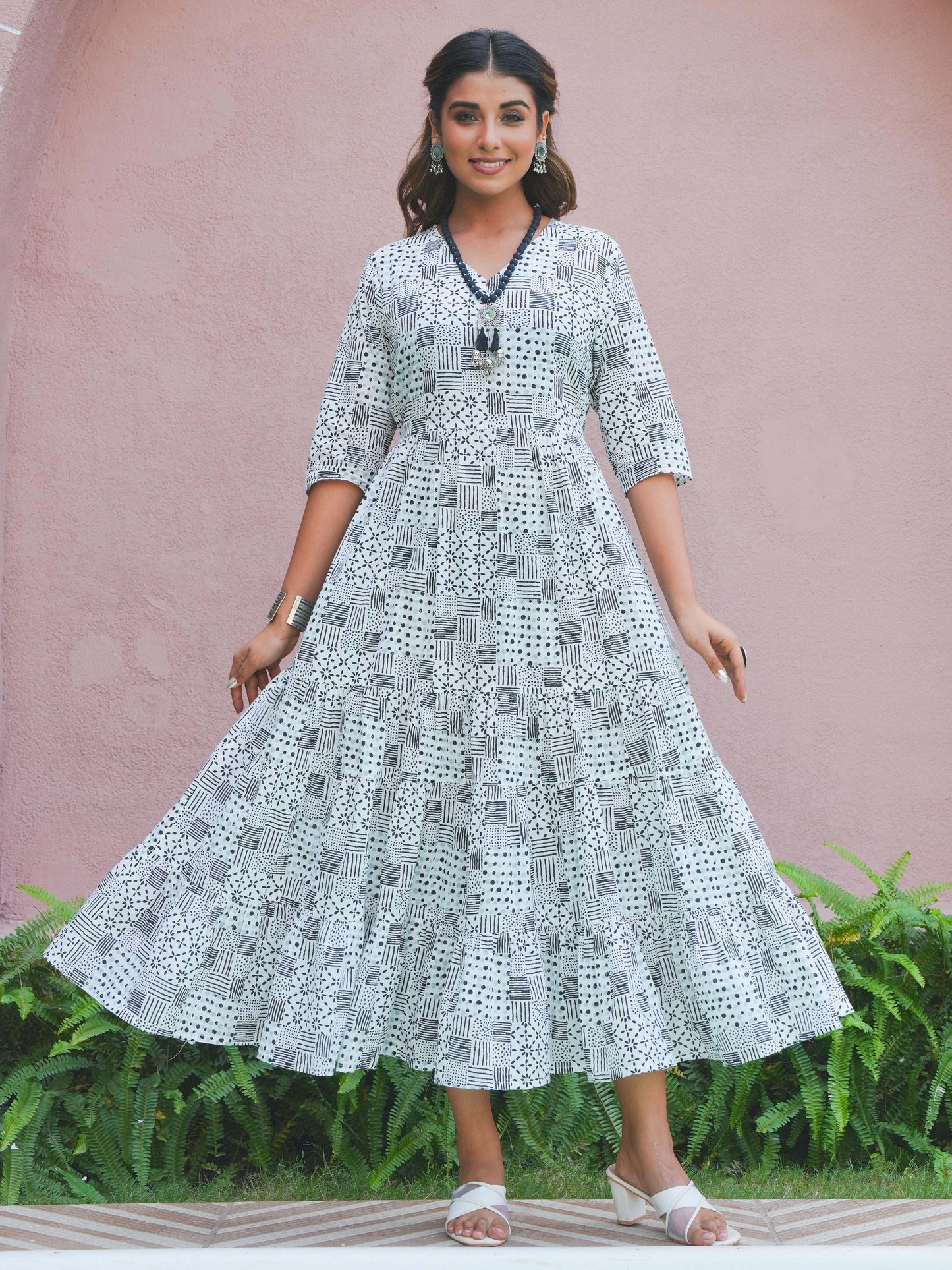 Soft Cotton Patchwork Anarkali White Dress