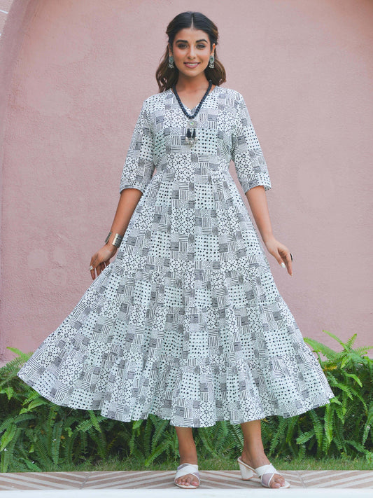 Soft Cotton Patchwork Anarkali White Dress